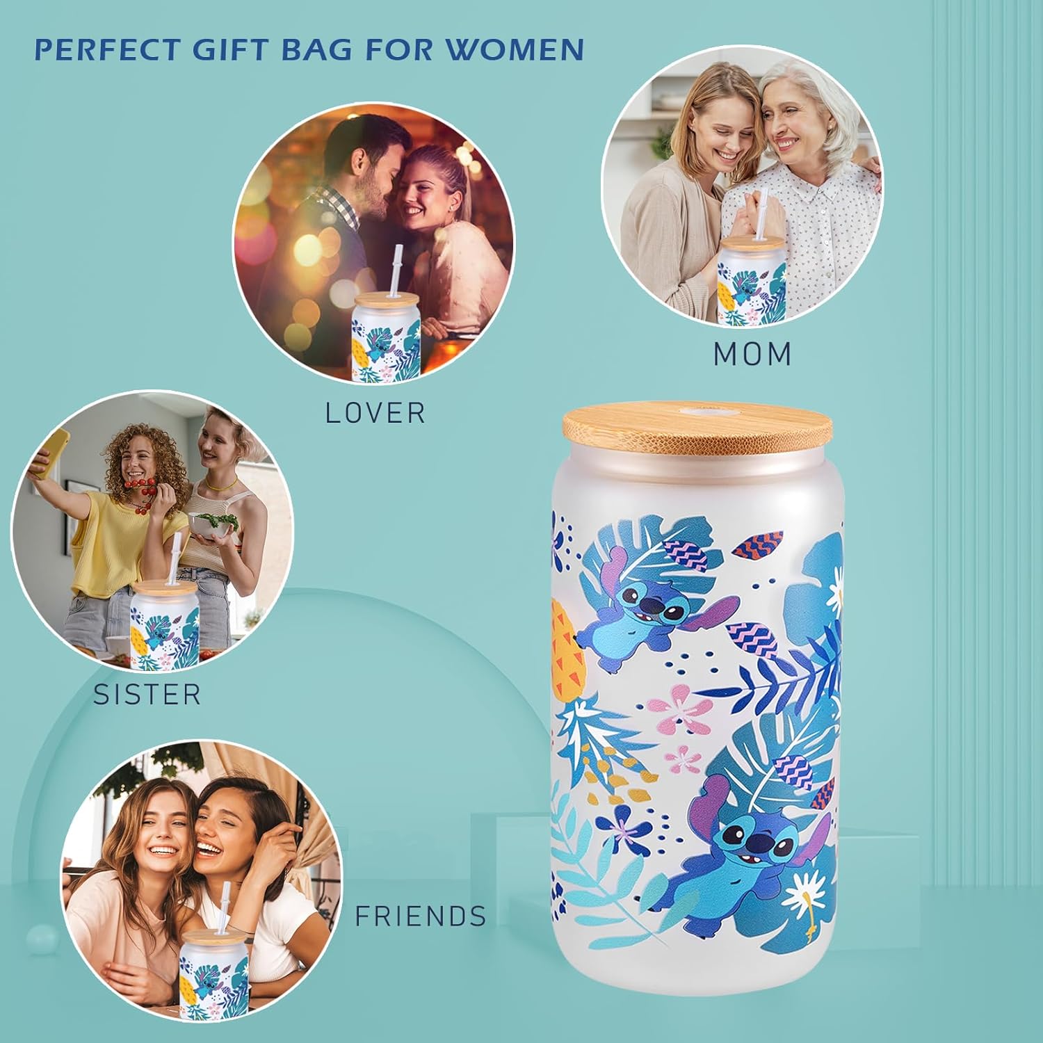 Vasos estéticos de vidrio con tapas de bambú y pajitas, mercancía para despedida de soltera para fiestas de amantes, regalos para mujeres, vaso para