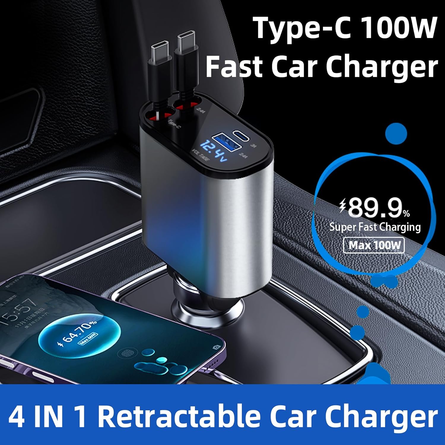 Cargador retráctil para automóvil con cables de carga retráctiles dobles tipo C y 2 puertos USB, cargador rápido 4 en 1 para teléfono con pantalla