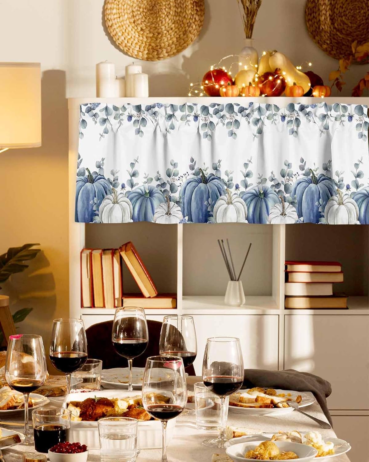 Cenefa de cortina de cocina con calabazas blancas y azules, cenefas cortas de otoño, para sala de estar, dormitorio, baño, cafetería, decoración de