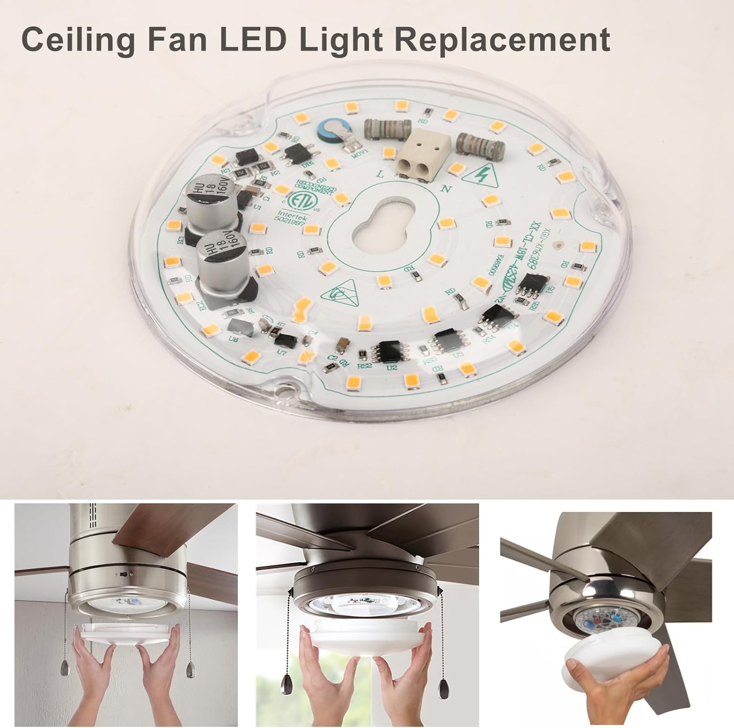 Ventilador de techo LED de 4 pulgadas, repuesto de luz LED, 120 V, 18 W, 1800 LM, 90Ra, kit de luz LED para ventilador de techo, luz blanca cálida