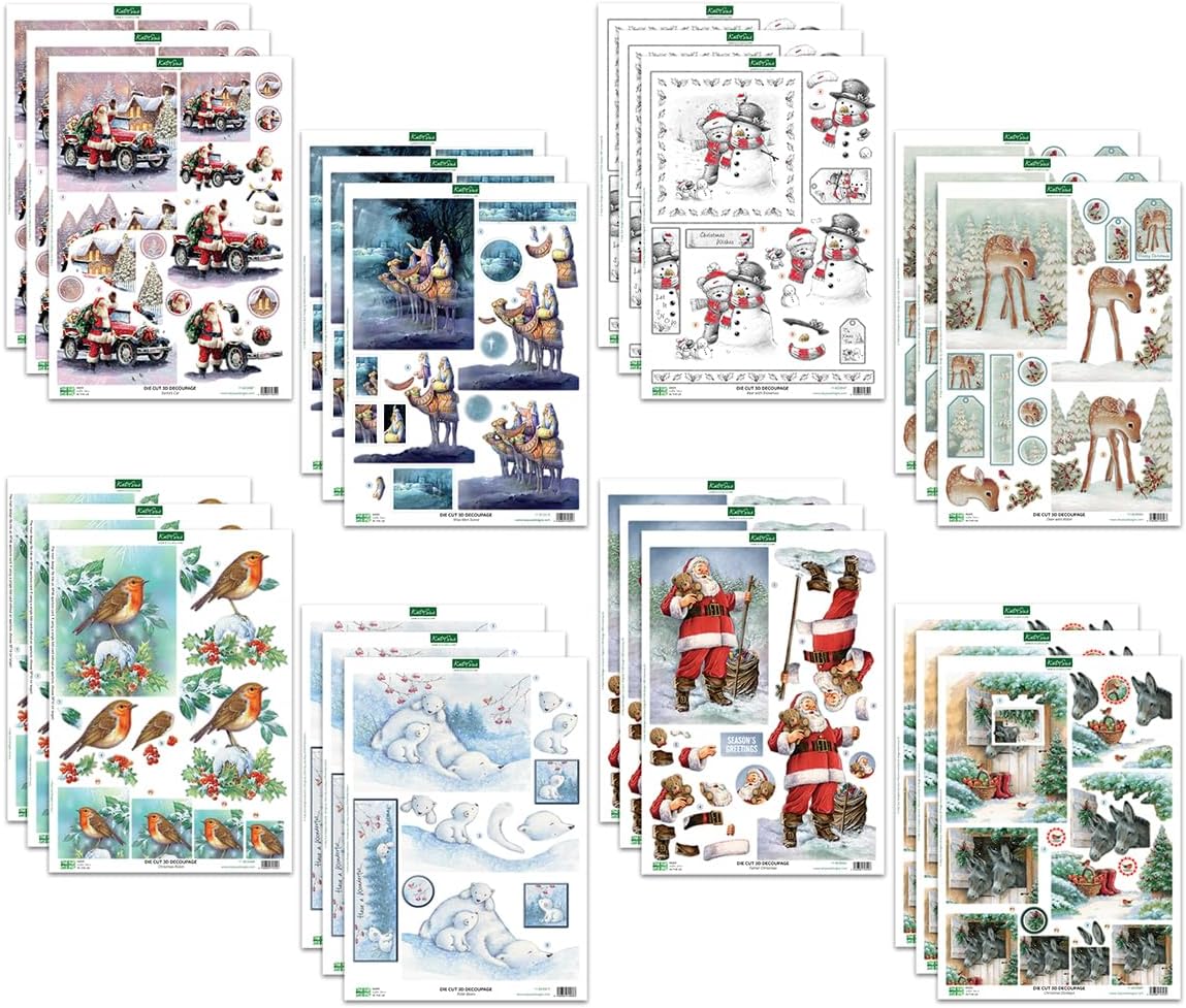 Katy Sue Paquete de decoupage troquelado de selección navideña. Contiene 24 hojas de papel de decoupage troqueladas precortadas para tus suministros