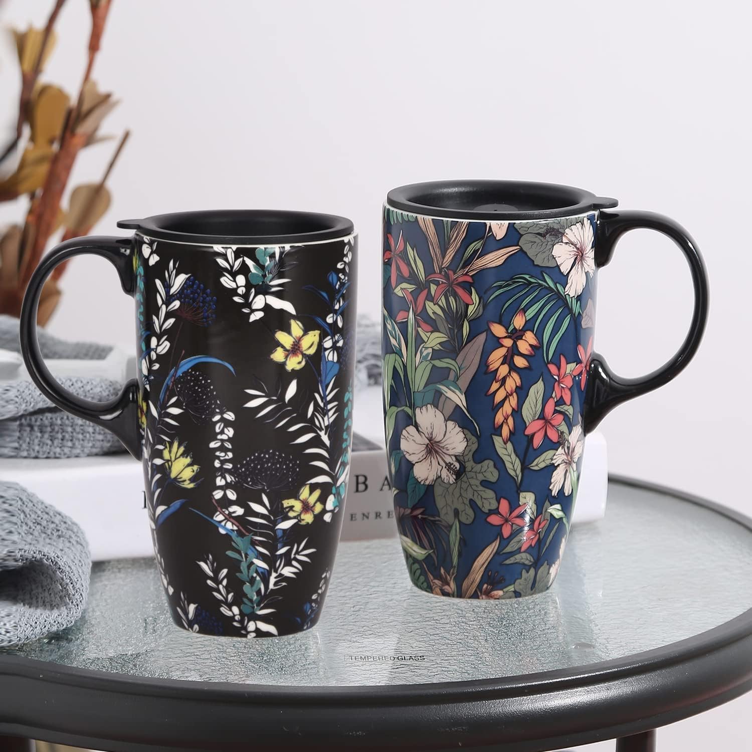 TZSSP Taza de cerámica para café, taza de té de porcelana con tapa, 17 onzas, 2 unidades, azul y negro