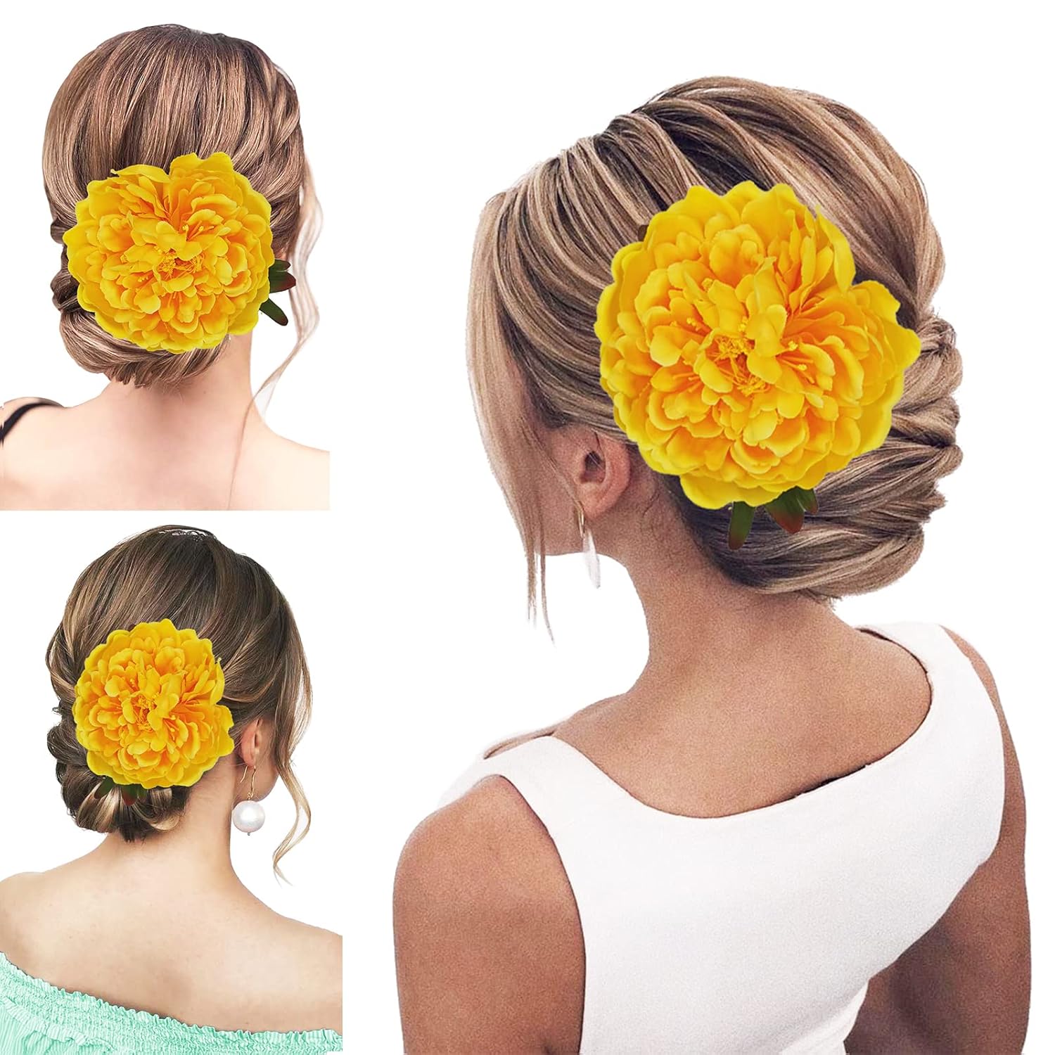 Broche de flores de peonía para el cabello, horquilla Hanfu para dama de honor, broche de flores, decoración de boda (talla única, amarillo)