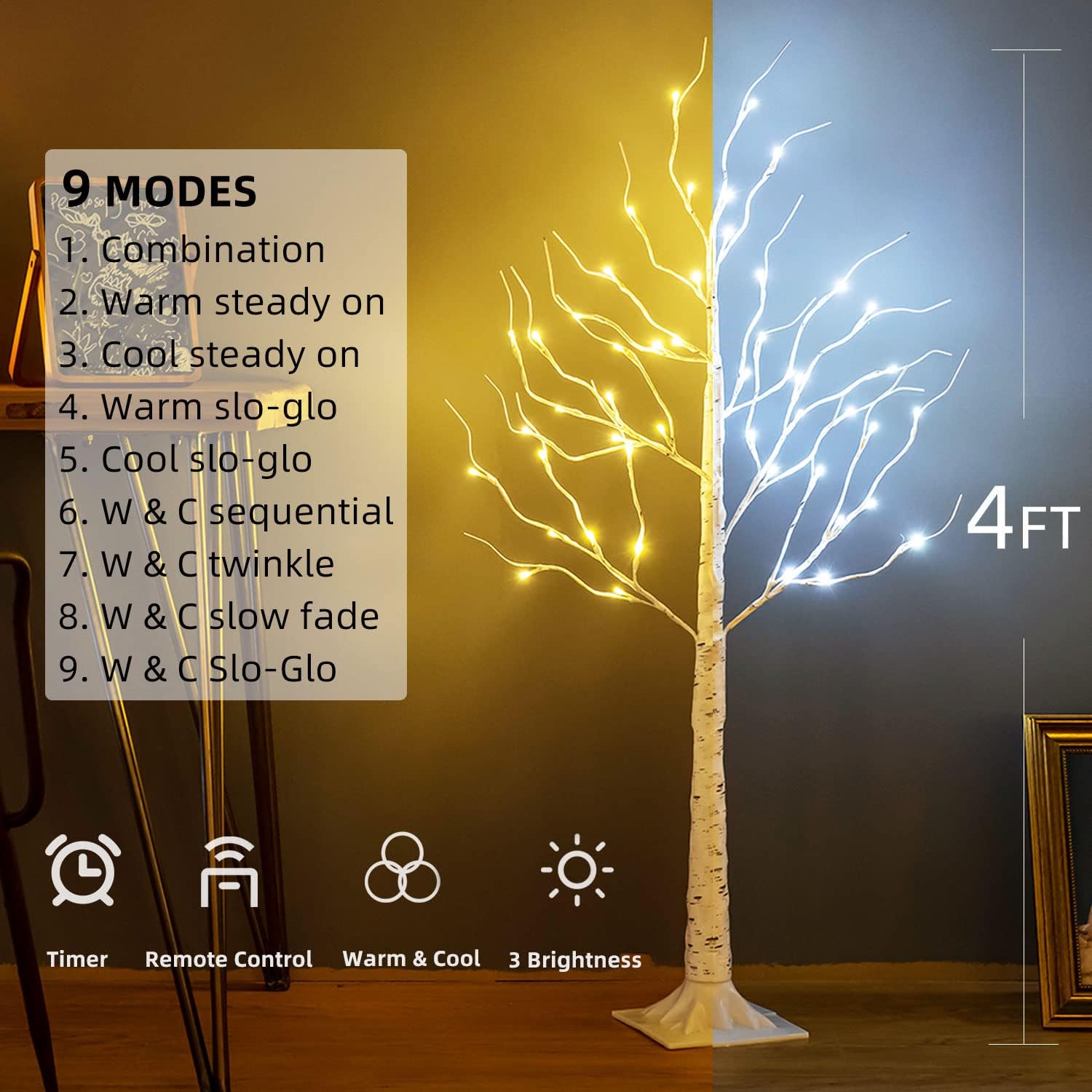 Árbol de abedul iluminado, 48 luces LED de abedul para interiores y exteriores, luz de árbol de ramita artificial de 9 modos, temporizador para