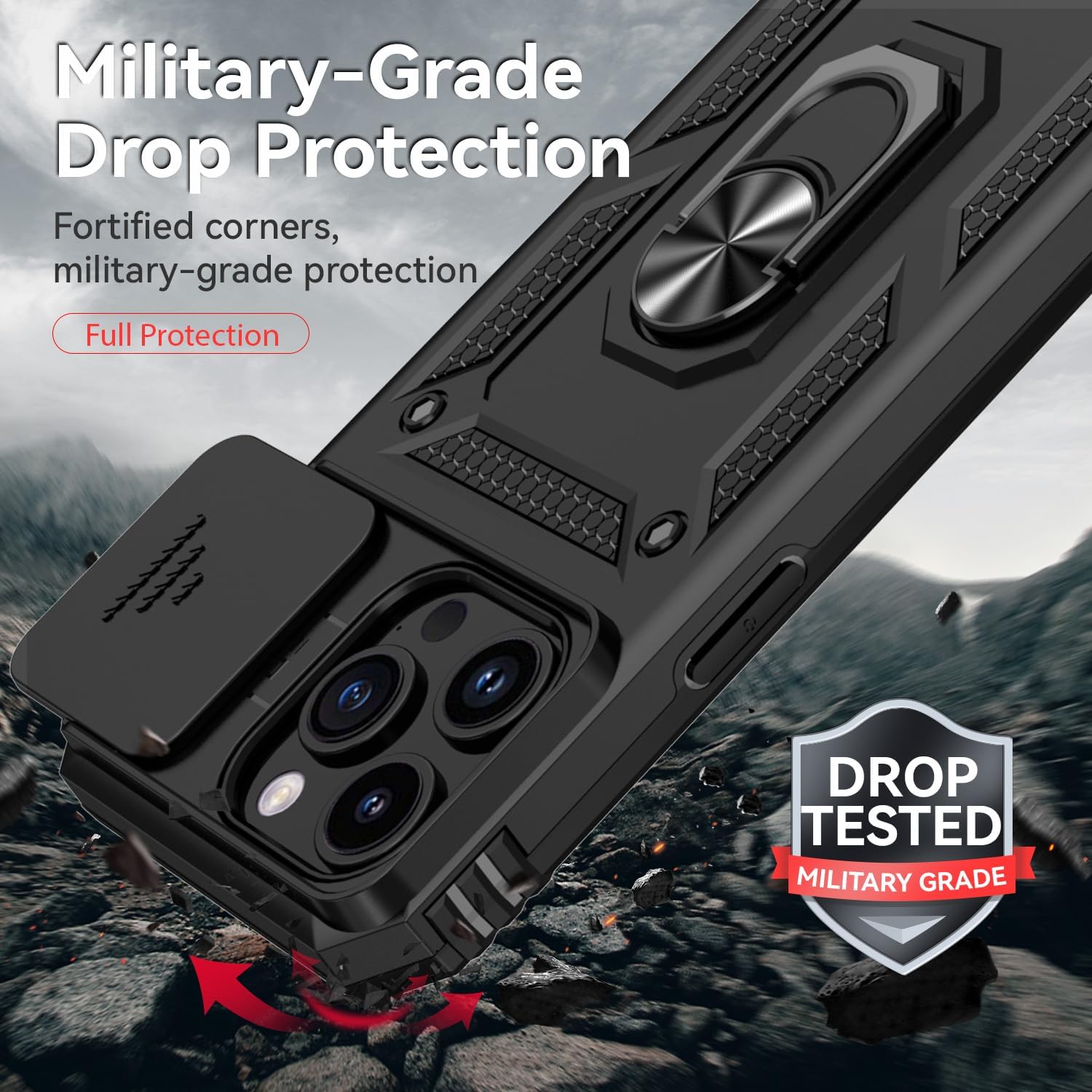 Funda para iPhone 15 Pro Max, con protector de pantalla y funda para cámara, grado militar 16 pies. Funda a prueba de caídas con función de atril