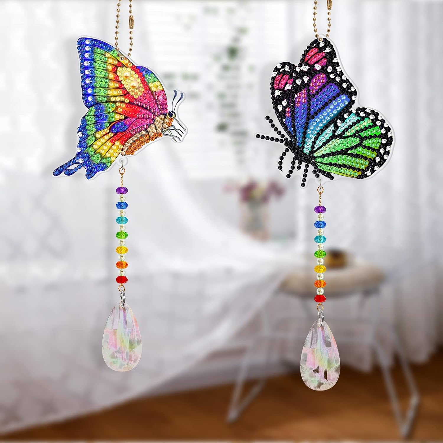 DIY – Juego de 2 piezas de pintura de diamantes de mariposa colorida 5D para adultos, arte de diamantes de mariposa de cristal, adorno colgante para