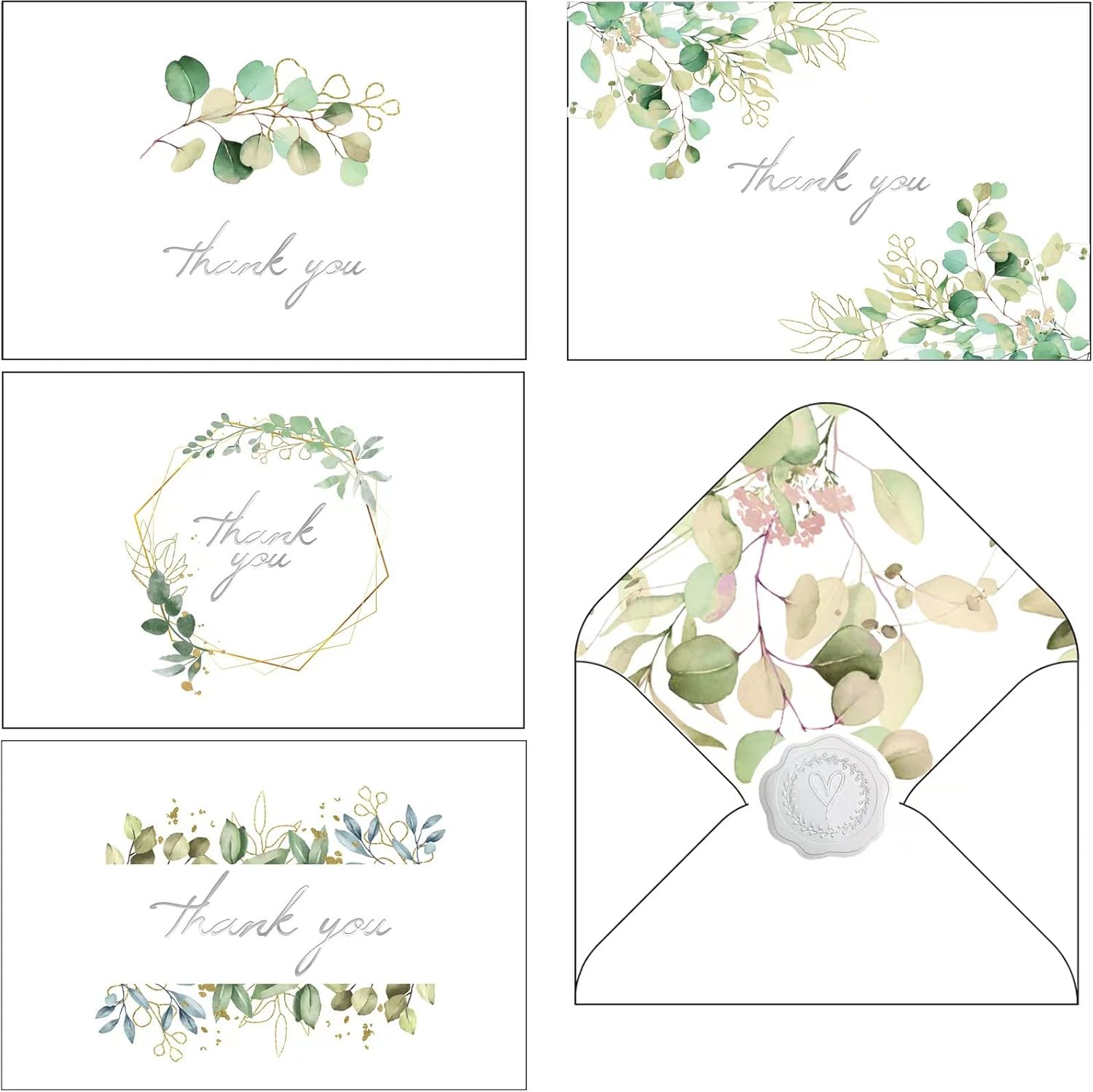Paquete de 48 tarjetas de agradecimiento con sobres y calcomanías, diseño de estilo plateado de 6 x 4 pulgadas, notas en blanco para compromiso,