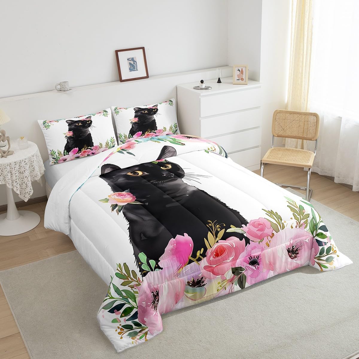 Erosebridal Juego de edredón de gato negro tamaño Queen, juego de ropa de cama de gatito para niños y niñas, bonito edredón de animales para