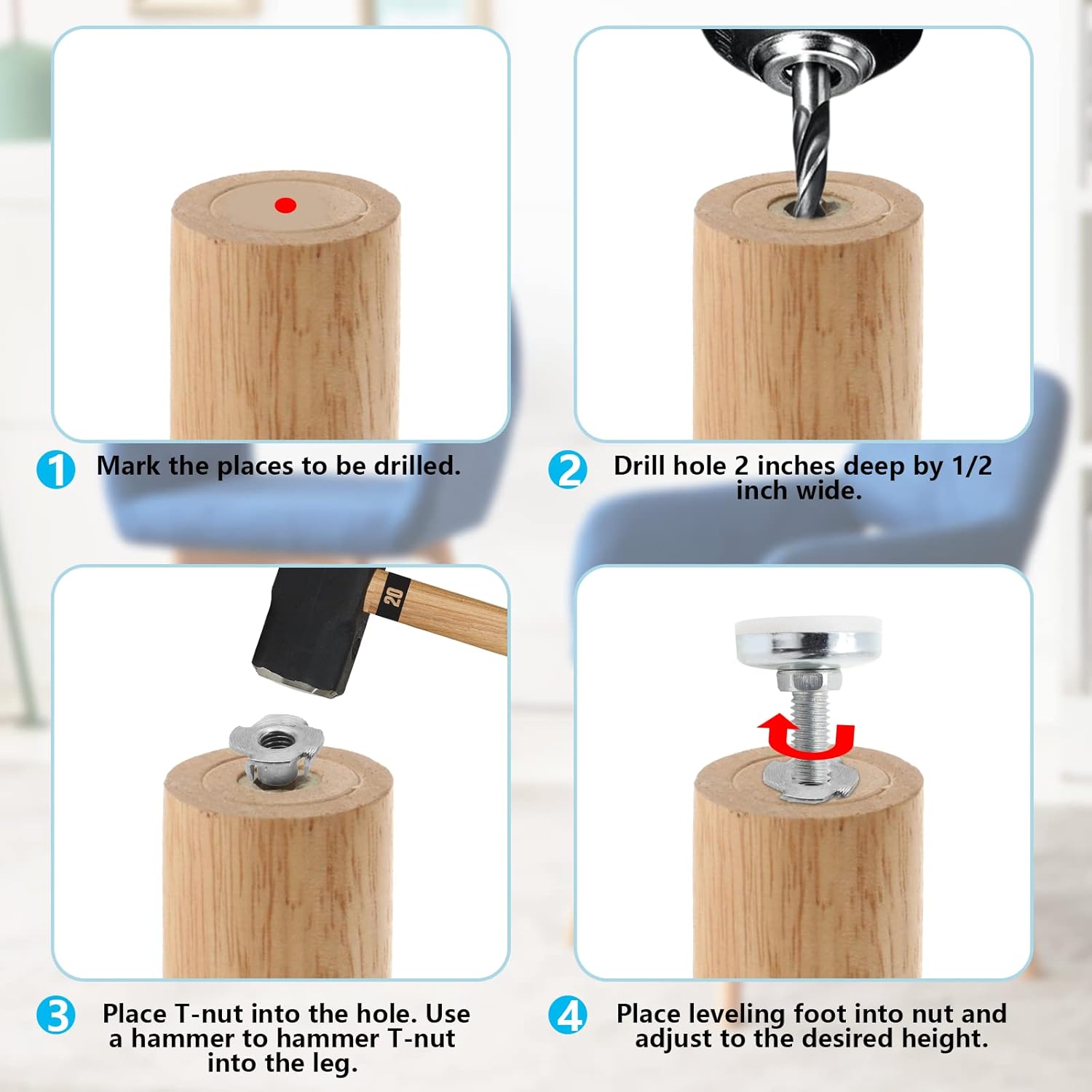 4 pies niveladores de muebles de 38 pulgadas y 16 hilos resistentes, niveladores ajustables para muebles con rosca en T para silla, mesa, patas de