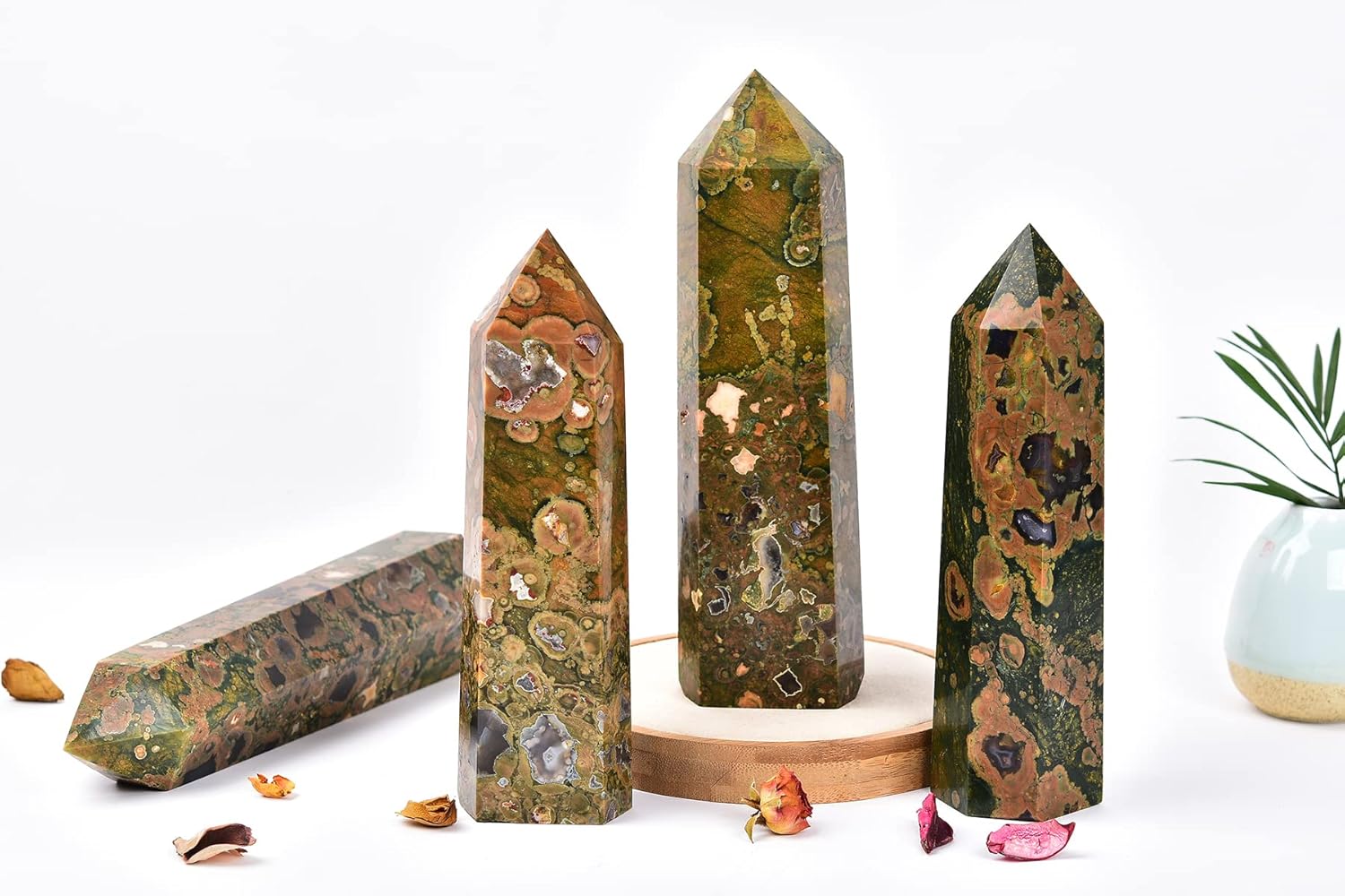 AMOYSTONE Varita de jaspe de bosque lluvioso, columna hexagonal de cristal curativo, varita de cristal irregular natural, 6 puntos, torre de jaspe