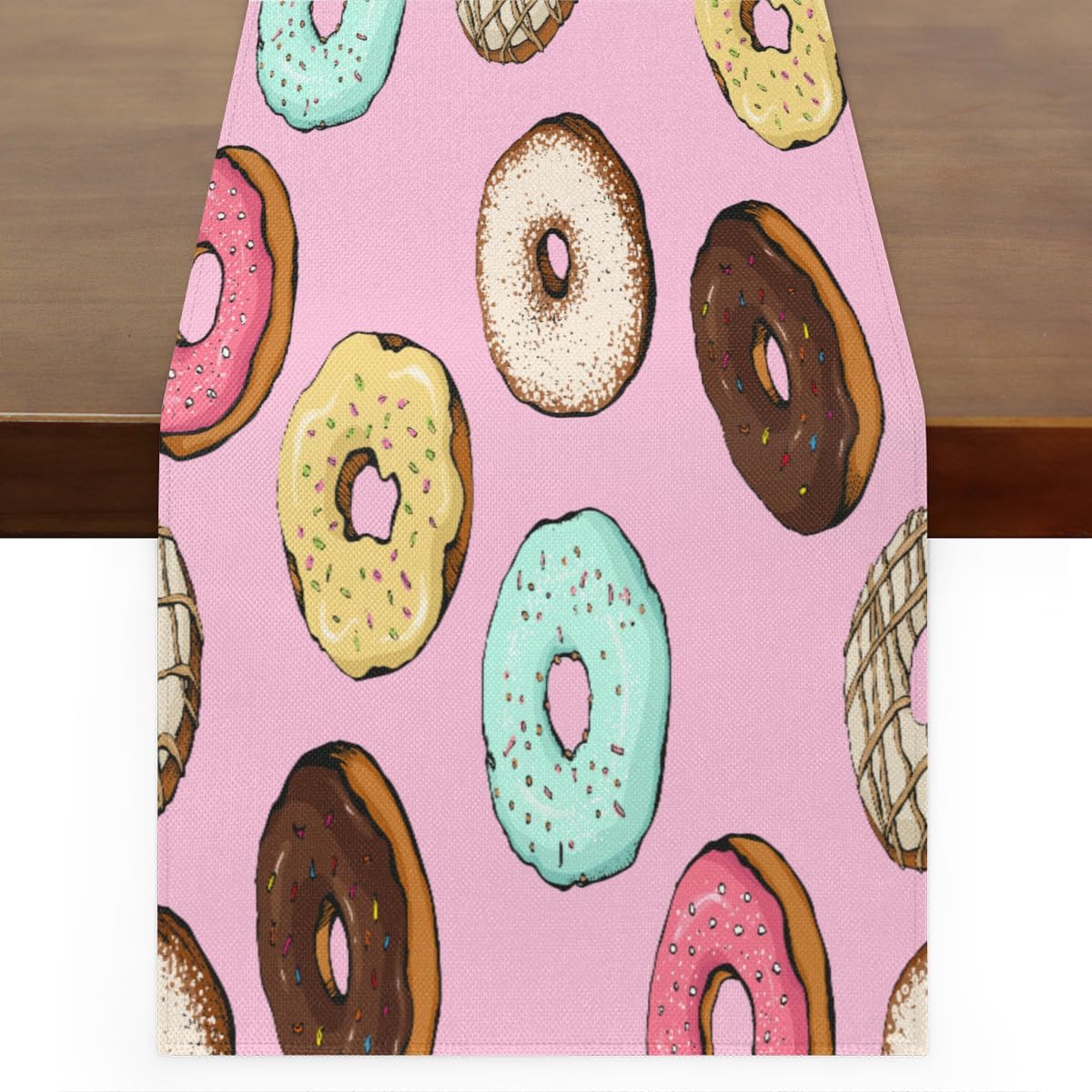 Camino de mesa de donas lindas, mantel de lino rústico otoñal, decoración de mesa de cocina y comedor para fiesta en el hogar, 13 x 72 pulgadas