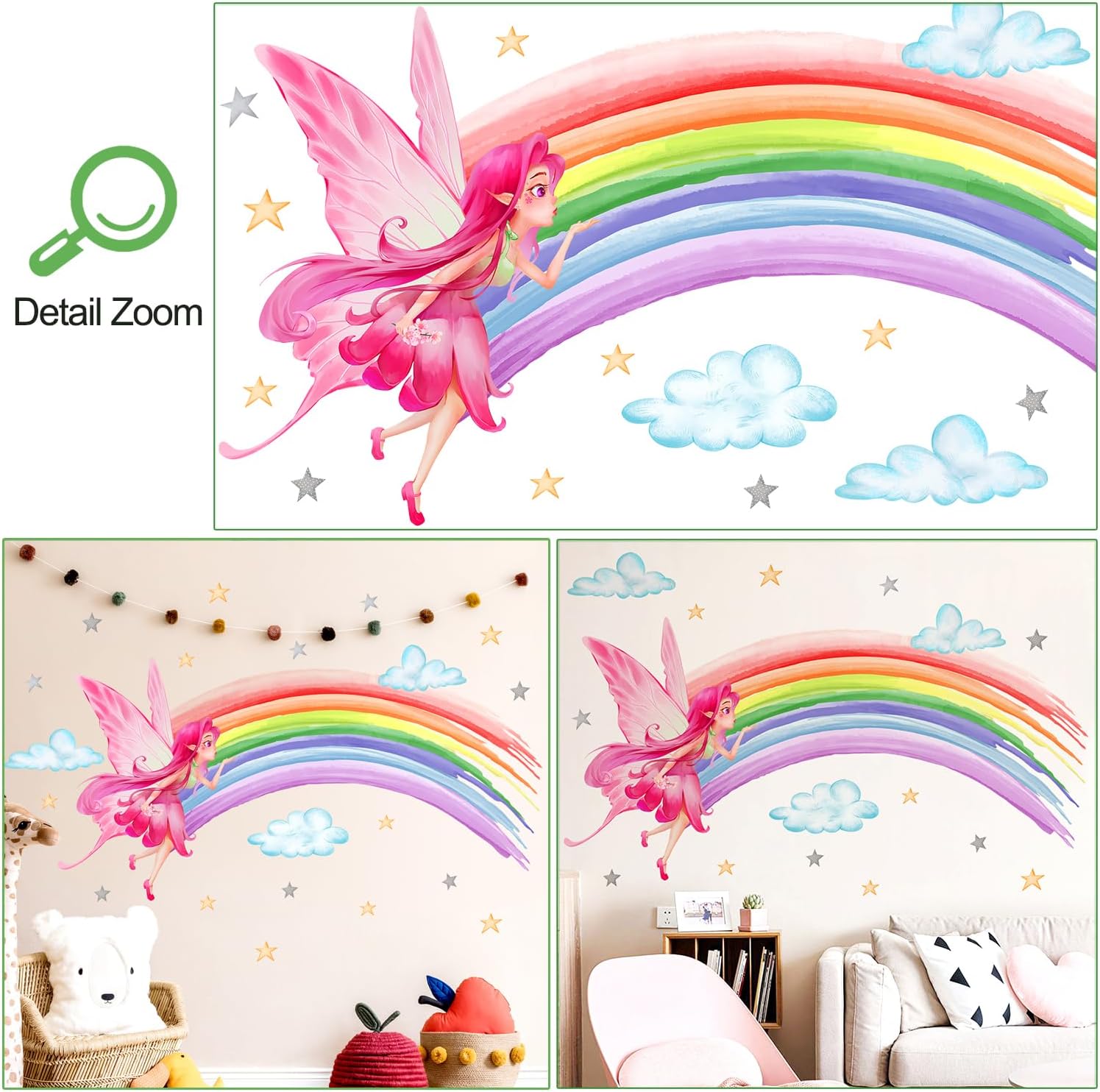 Calcomanías de pared de acuarela arco iris, calcomanías de pared coloridas de nube de estrellas, calcomanías de pared de princesa de elfo rosa para