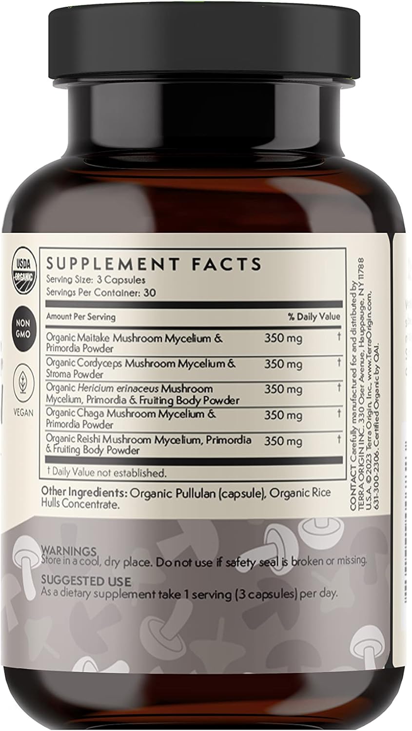 TERRA ORIGIN Cápsulas de hongos saludables  Certificado USDA Orgánico  90 cápsulas vegetales  Hongo Reishi, melena de león  Potente apoyo