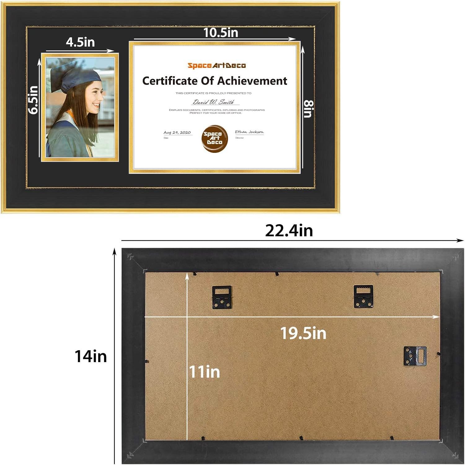 Space Art Deco, Marco de diploma de 11 x 19.5 pulgadas con paspartú doble negro sobre dorado para documentos de 8.5 x 11 pulgadas y una imagen de 5