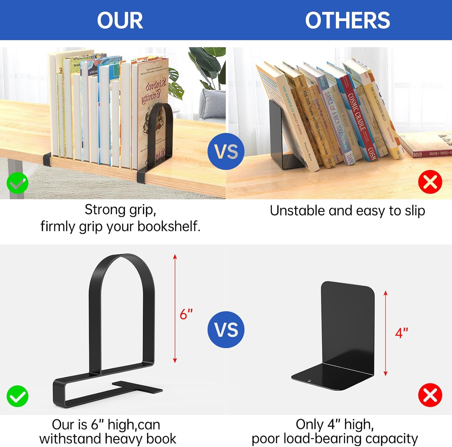 Sujetalibros resistentes para estantes, soportes de metal resistentes con abrazadera, soportes de estante para libros, antideslizantes con