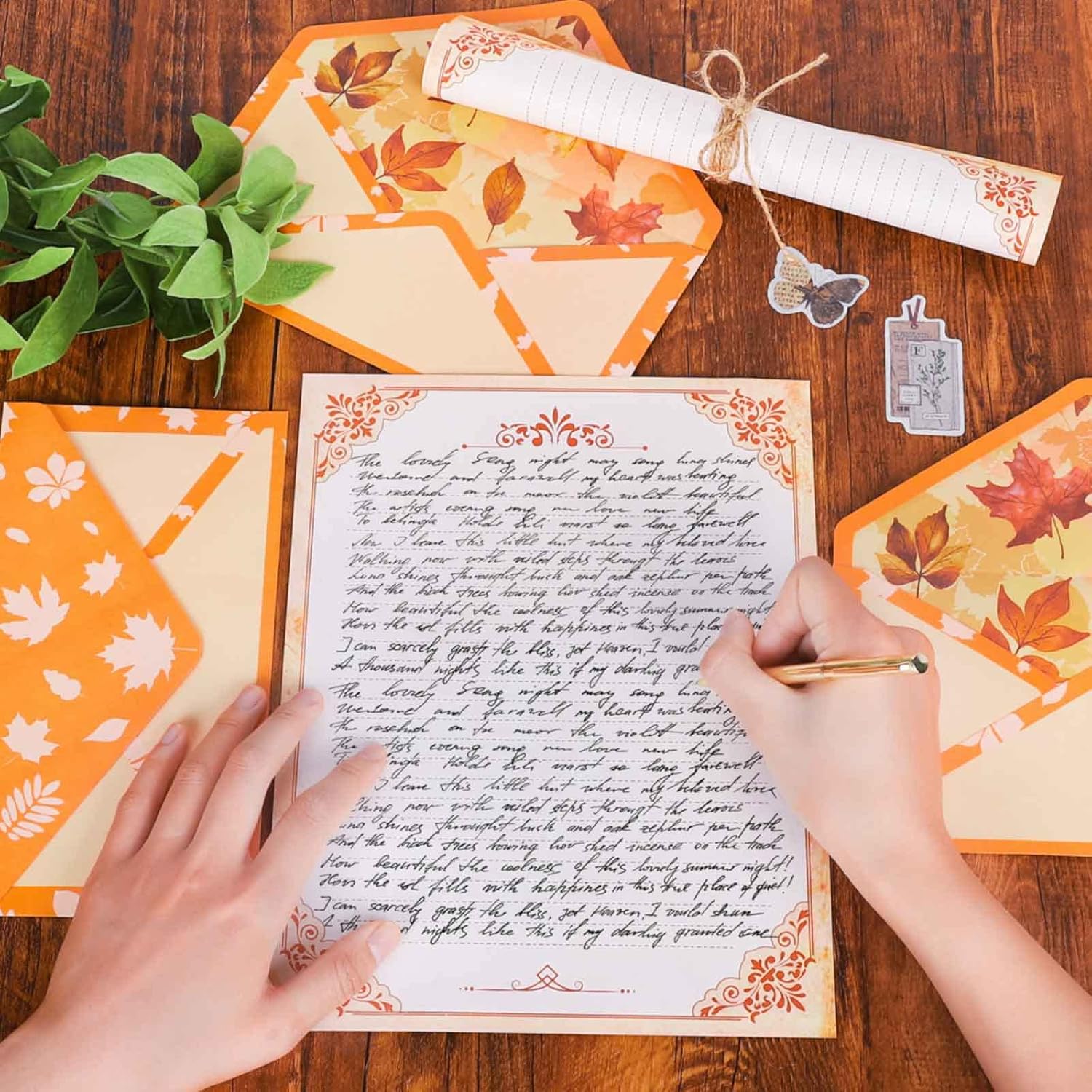 AnyDesign 48 piezas de papel de papelería de otoño con hojas de otoño y 24 piezas de sobres autosellantes, papel impreso en acuarela de Acción de