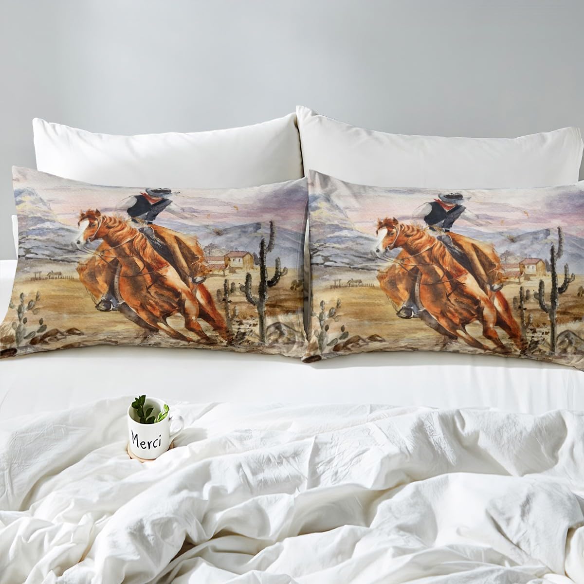 Juego de sábanas de vaquero occidental, tamaño King, juego de sábanas rústicas de vaquero de granja, sábanas de caballo al galope, sábana bajera