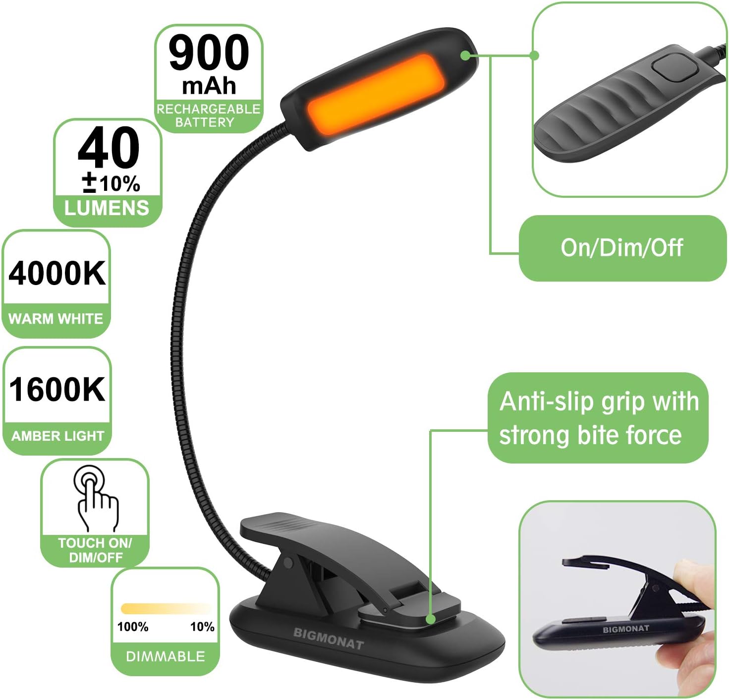 BIGMONAT – Luz de lectura para libro, luz de noche recargable, color ámbar recargable, cuello plegable portátil, USB o funciona con pilas, luz de