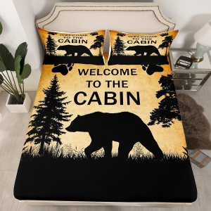 Juego de sábanas bajeras de oso rústico, tamaño Queen, juego de sábanas de bosque de granja, juego de ropa de cama para campamento y caza, funda de Juego de sábanas bajeras de oso rústico, tamaño Queen, juego de sábanas de bosque de granja, juego de ropa de cama para campamento y caza, funda de