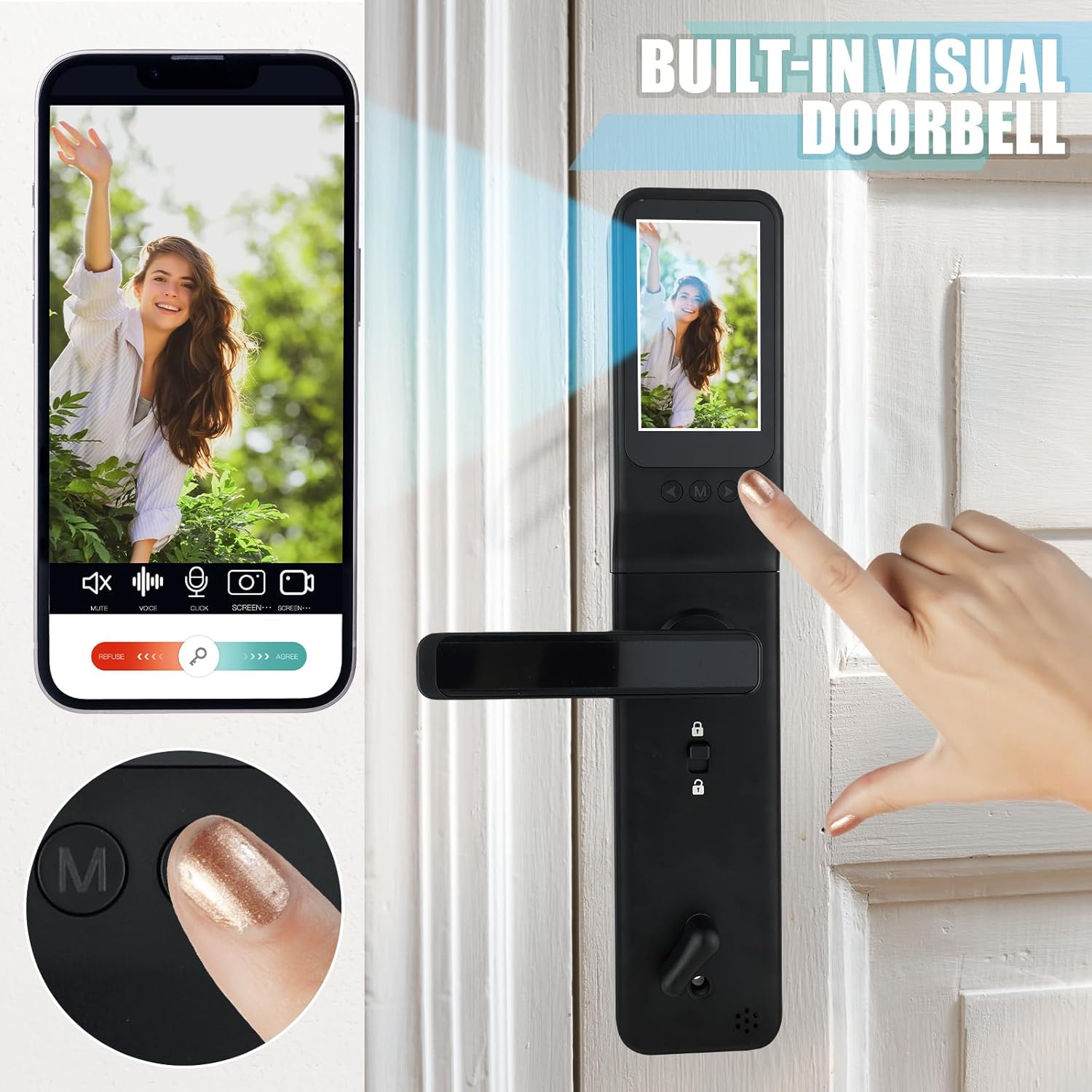 Copkim Cerradura de puerta inteligente 4 en 1 con cámara de video y monitor, manija de puerta, cámara Wi-Fi, timbre, videollamada, bloqueo de