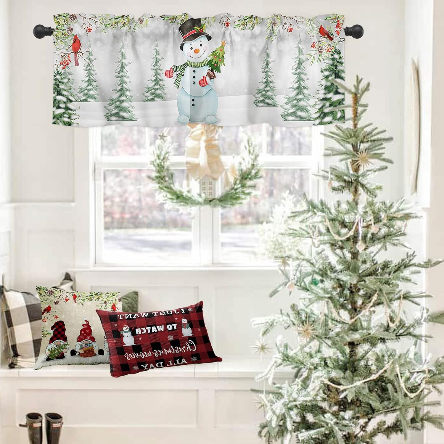 ALAGEO Cenefas de Navidad para ventanas de cocina, cenefas de árbol de Navidad cardenal rojo, cenefas de vacaciones con bolsillo para barra,
