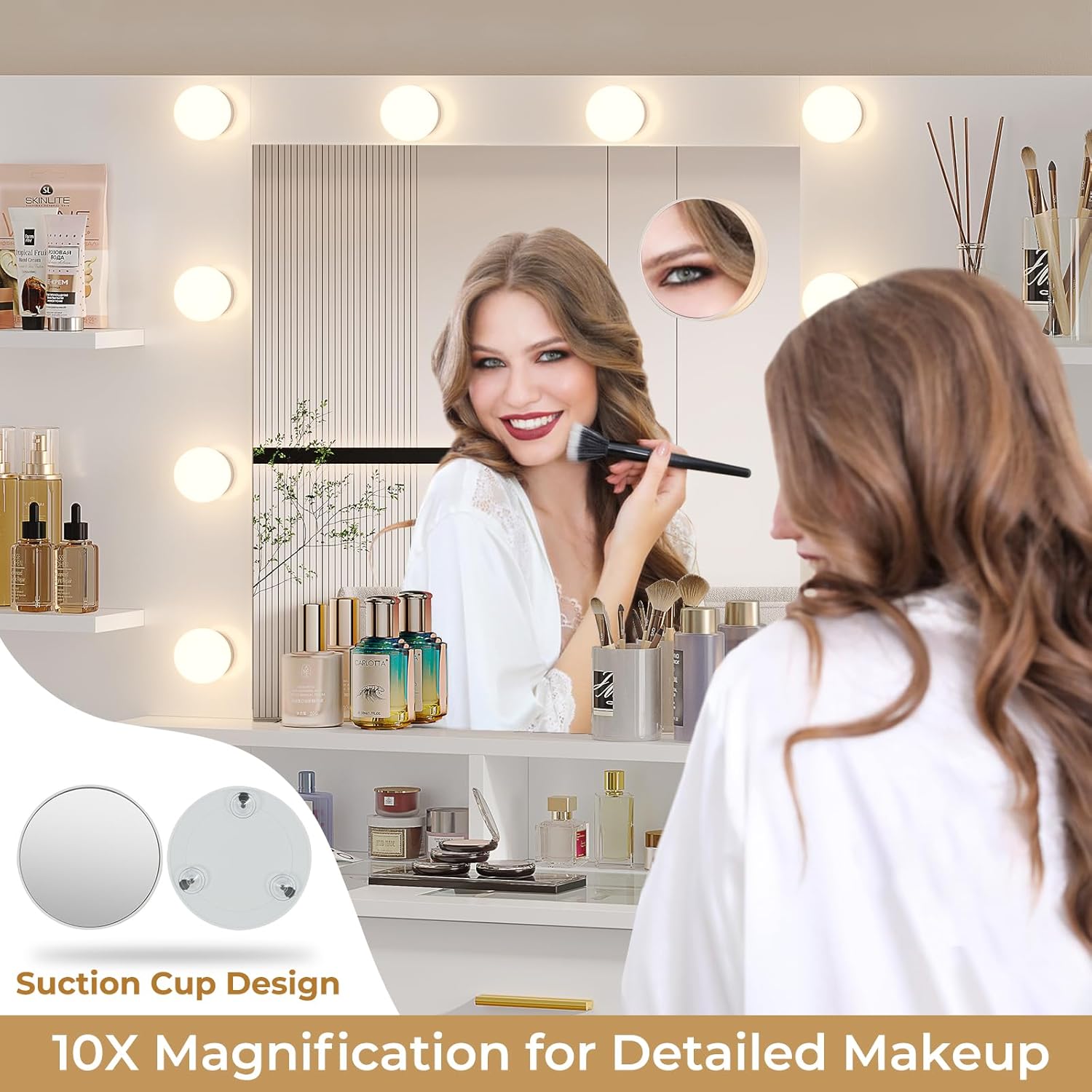 BTHFST Escritorio de tocador de cristal con espejo y luces, tocador de maquillaje con luces, estación de carga y espejo de aumento de 10x, mesa de
