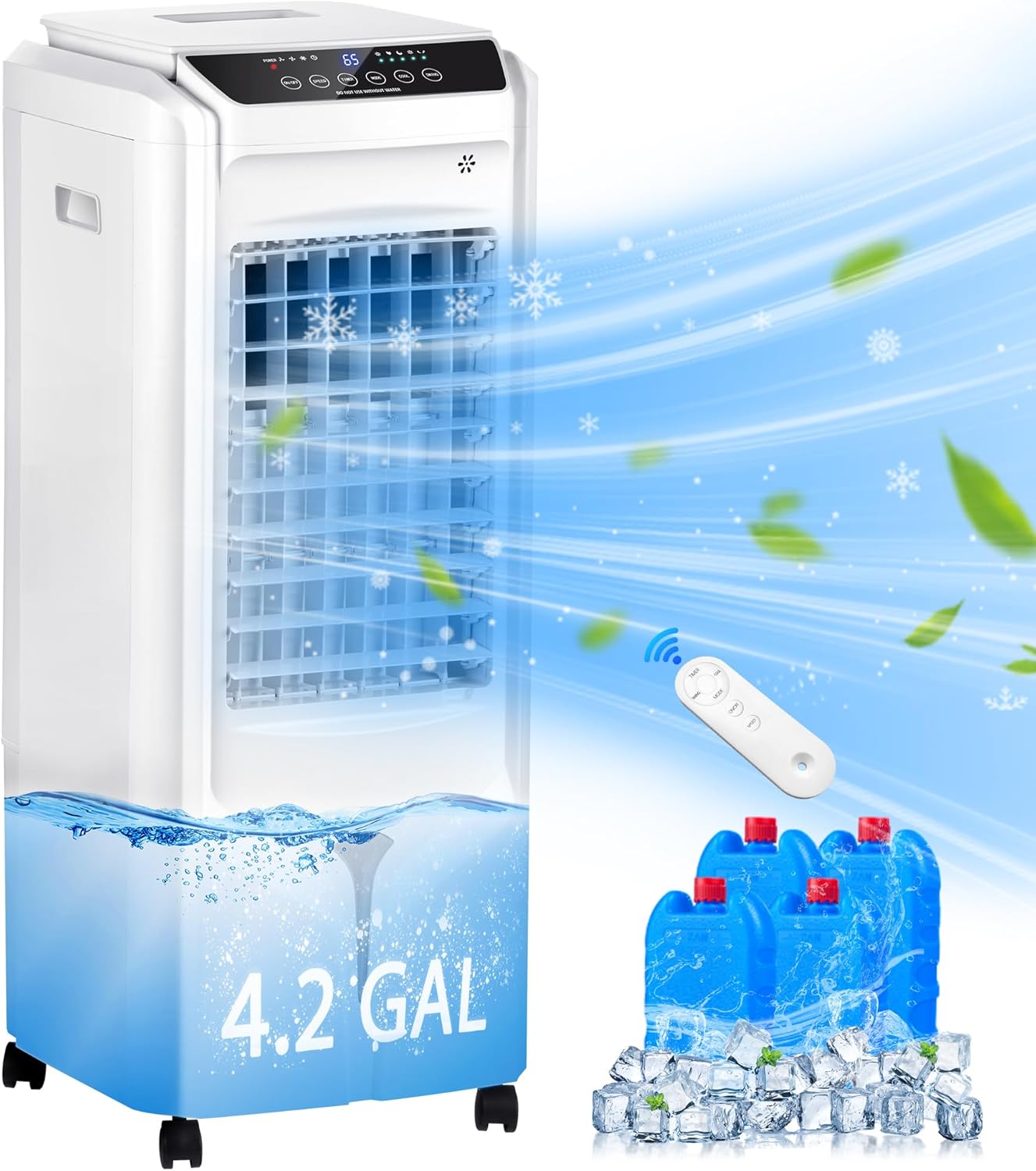 Swamp Cooler, enfriador de aire evaporativo de 1800 CFM portátil con tanque de agua de 4.2 galones, 4 paquetes de hielo, oscilación de 100,