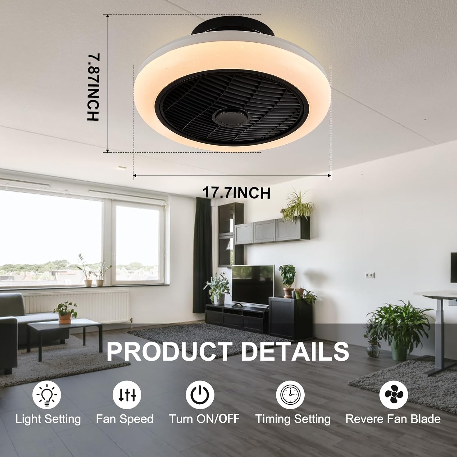 Ventilador de techo de perfil bajo de 17.7 pulgadas con luz, ventiladores de techo LED RGB regulables, moderna luz ambiental LED-RGB sin aspas para