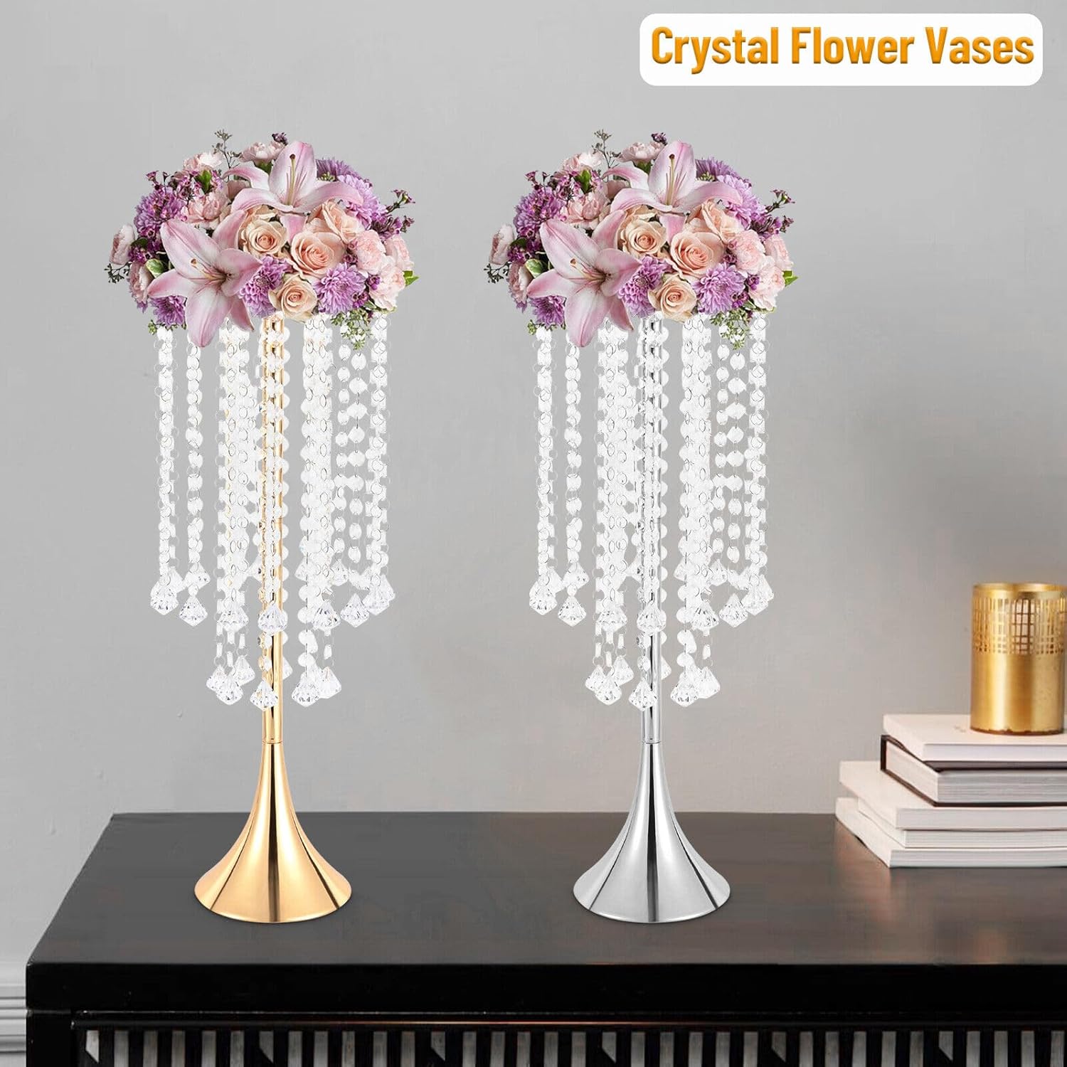 Jarrón de cristal dorado de 2 piezas, 21.9 pulgadas, soporte de flores de cristal acrílico, arreglo de mesa, mesa de boda, decoración de flores para