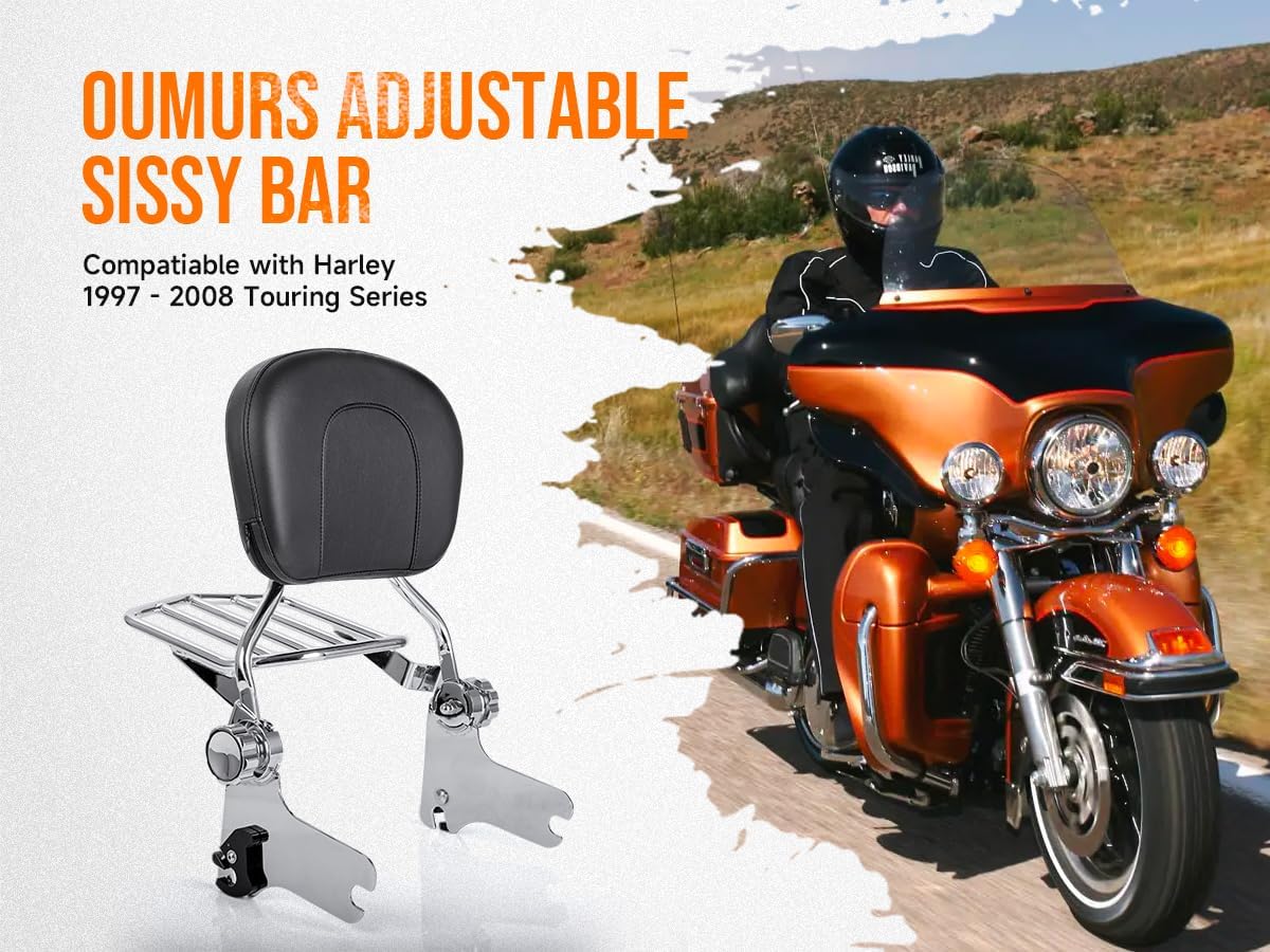 Respaldo de pasajero ajustable y desmontable con portaequipajes compatible con Harley Road King 1997-2008, Road Glide, Street Glide, Electra Glide,