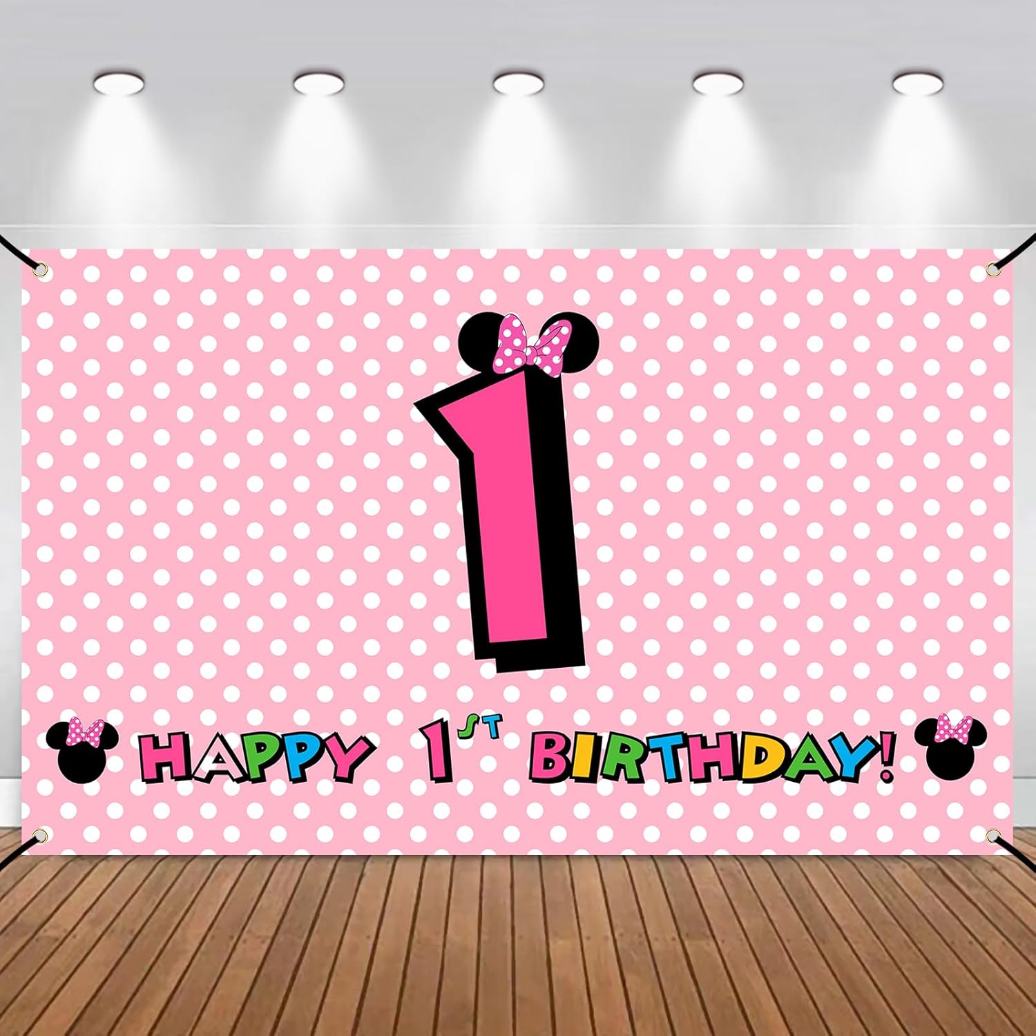 Decoración de pancarta de primer cumpleaños de Minnie, telón de fondo de cumpleaños de Minnie rosa para niños y niños, suministros de decoración de
