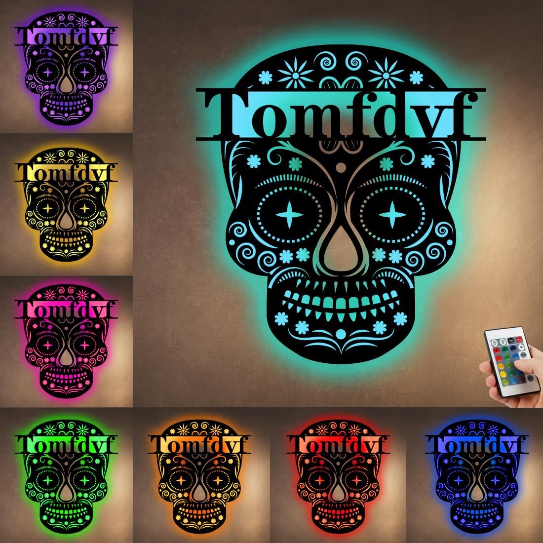 Letrero personalizado de calavera de Halloween con luces LED, esqueleto espeluznante familiar, letrero de metal de 16 colores, lámpara RGB, nombre
