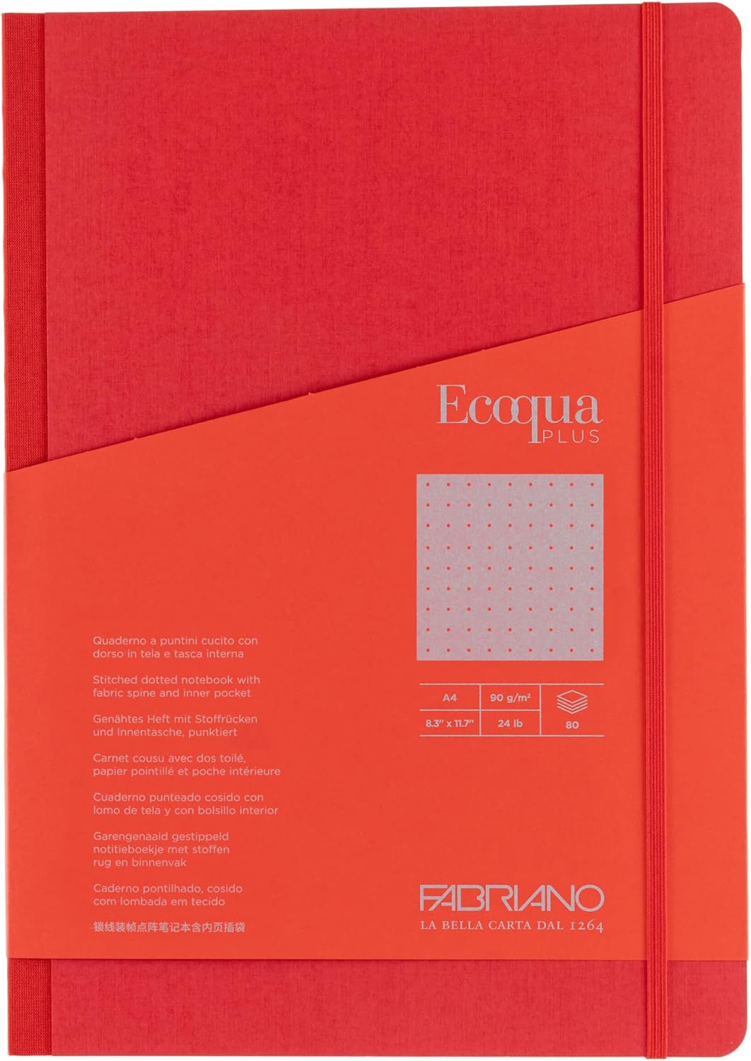 Fabriano Ecoqua Plus Cuaderno encuadernado en tela, 8.3 x 11.7 pulgadas, A4, punteado, rojo
