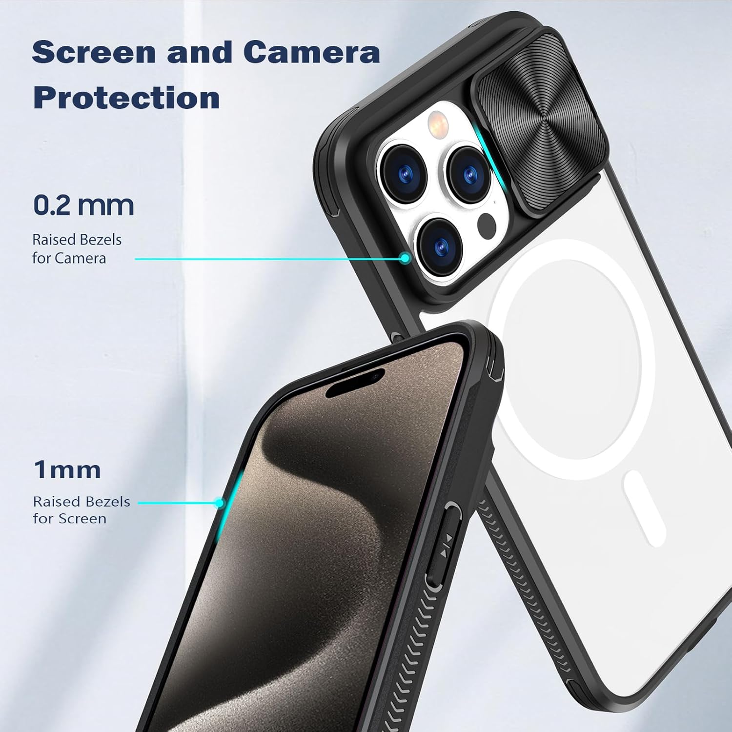 Funda transparente para iPhone 15 Pro con cubierta de lente de cámara deslizante, compatible con MagSafe, antideslizante, delgada, magnética, a