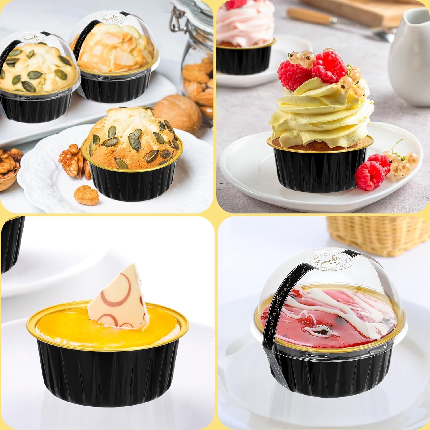 Mini moldes para pasteles con tapas y cucharas (paquete de 100 moldes negros de 5 onzas), moldes desechables redondos  Forros resistentes de