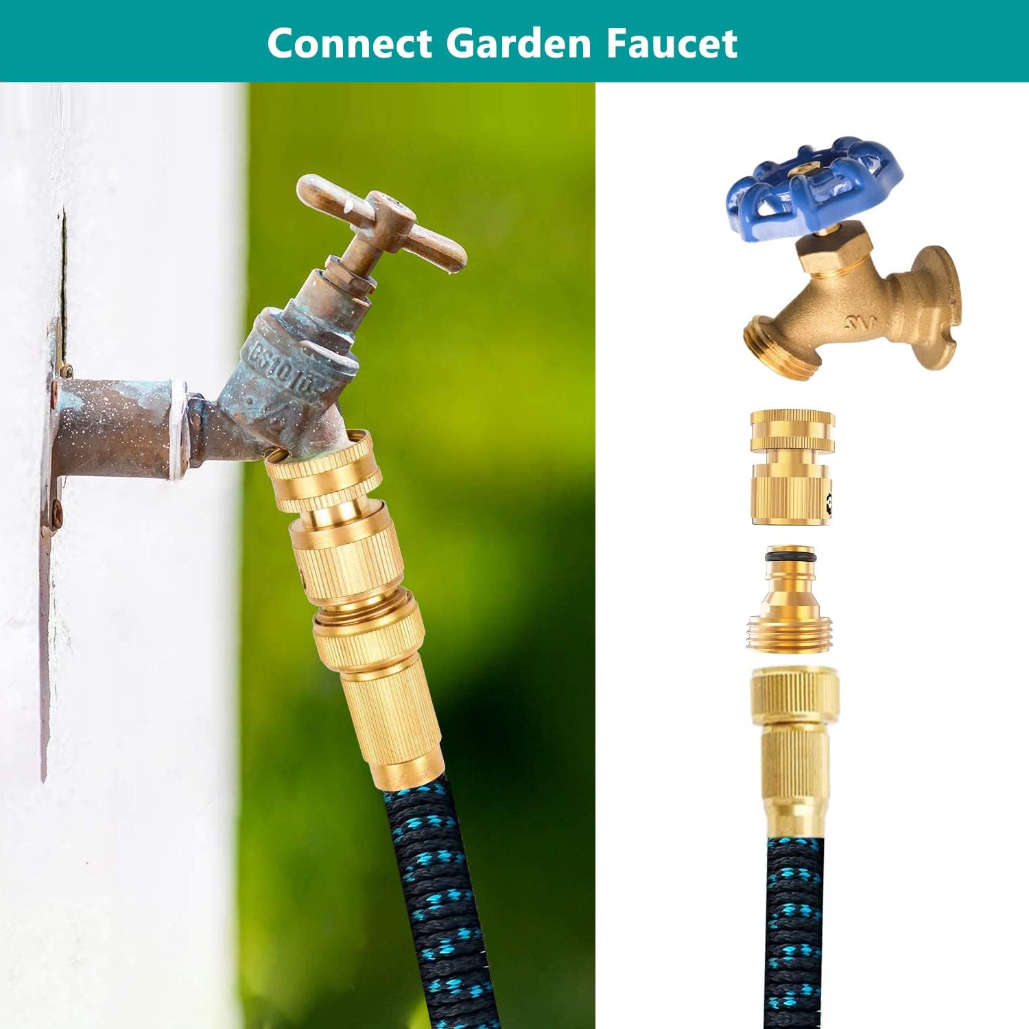 FINEST+ Manguera de jardín con conector rápido, latón macizo, rosca de 34 pulgadas, manguera de agua sin fugas, hembra y macho, fácil de conectar (4