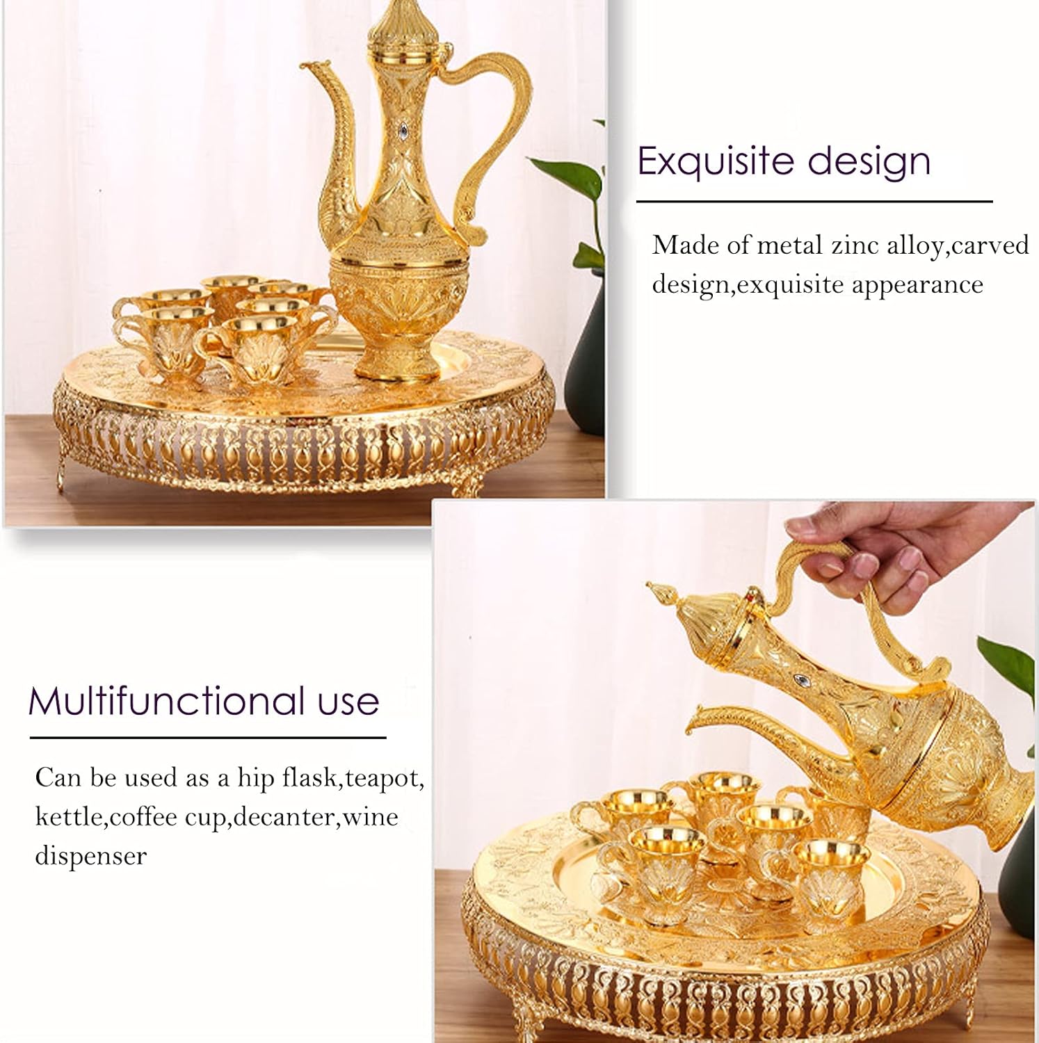 Juego de taza de café turca y tetera que incluye tetera, bandeja de té, 6 tazas de metal, juego de servicio de té para decoración de mesa de té,