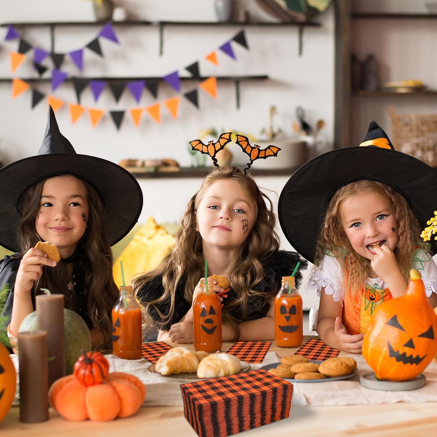 AnyDesign Servilletas desechables de 100 hojas de Halloween para invitados de Halloween, servilletas de papel a cuadros naranja y negro, servilletas