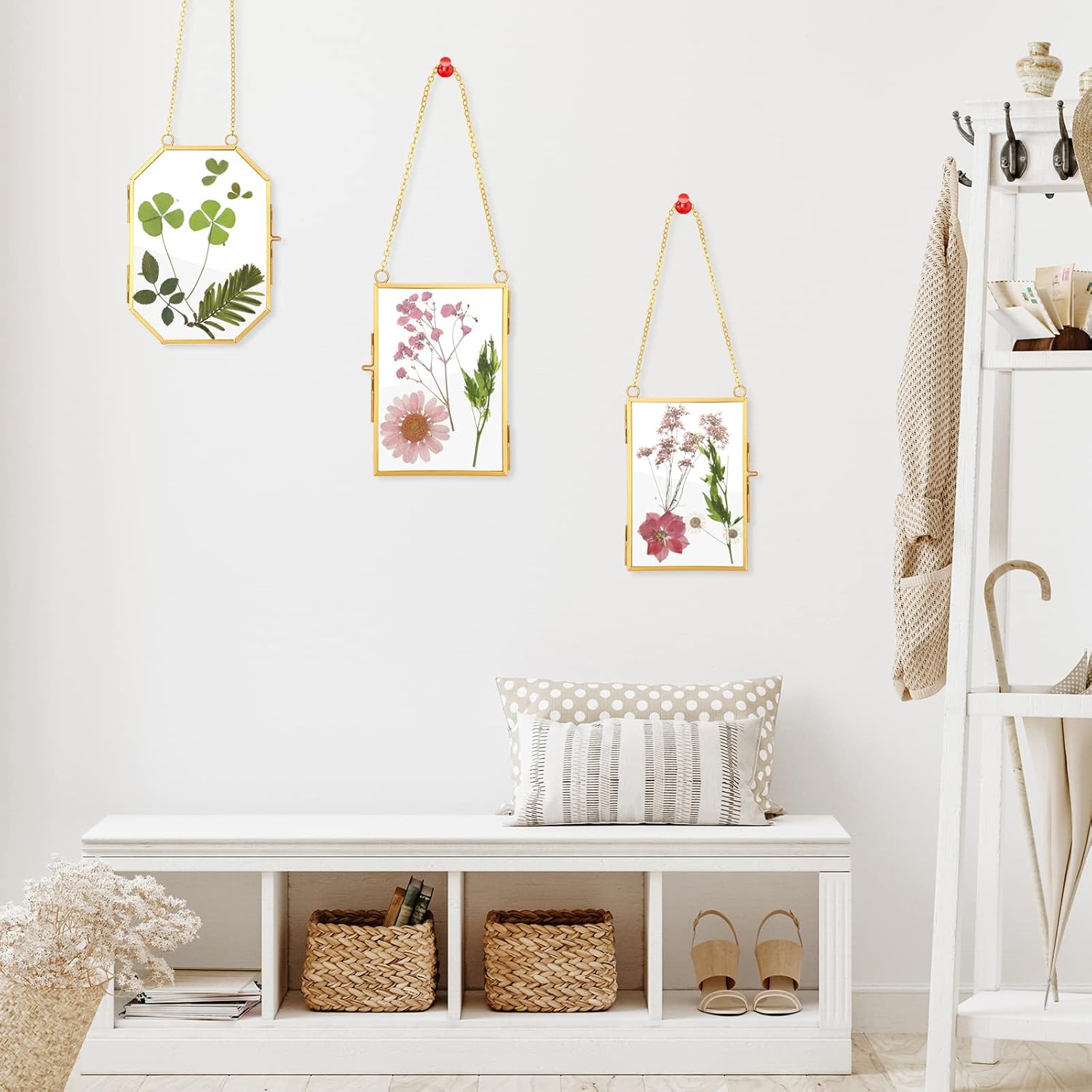 Marco de vidrio para bricolaje, arte de flores prensadas, marco de fotos colgante de latón con cadena y 6 estilos de flores prensadas, collage de