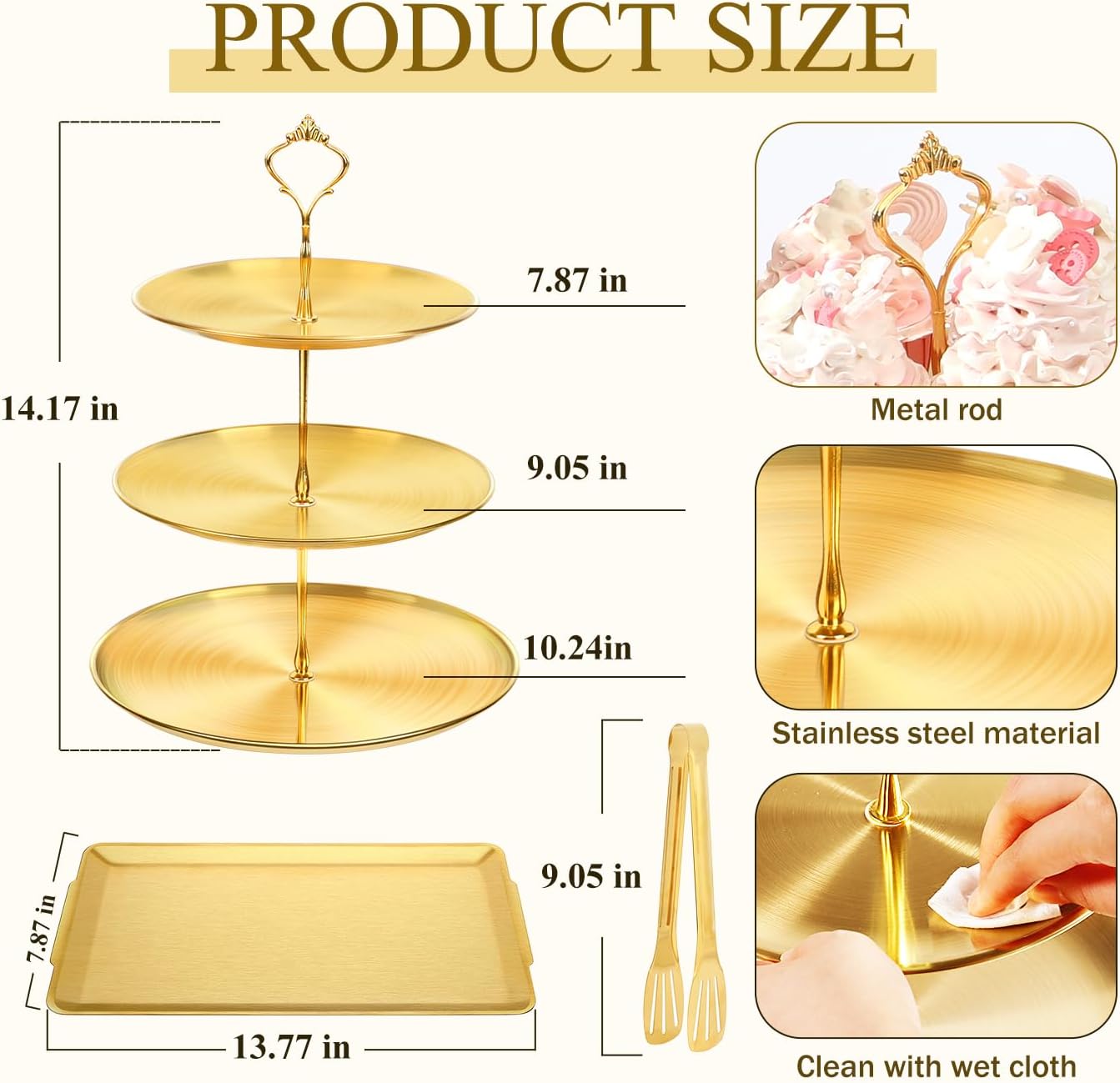 Juego de 6 soportes dorados para cupcakes, juego de exhibición de mesa de postres de acero inoxidable, 2 soportes para pasteles de 3 niveles, 2