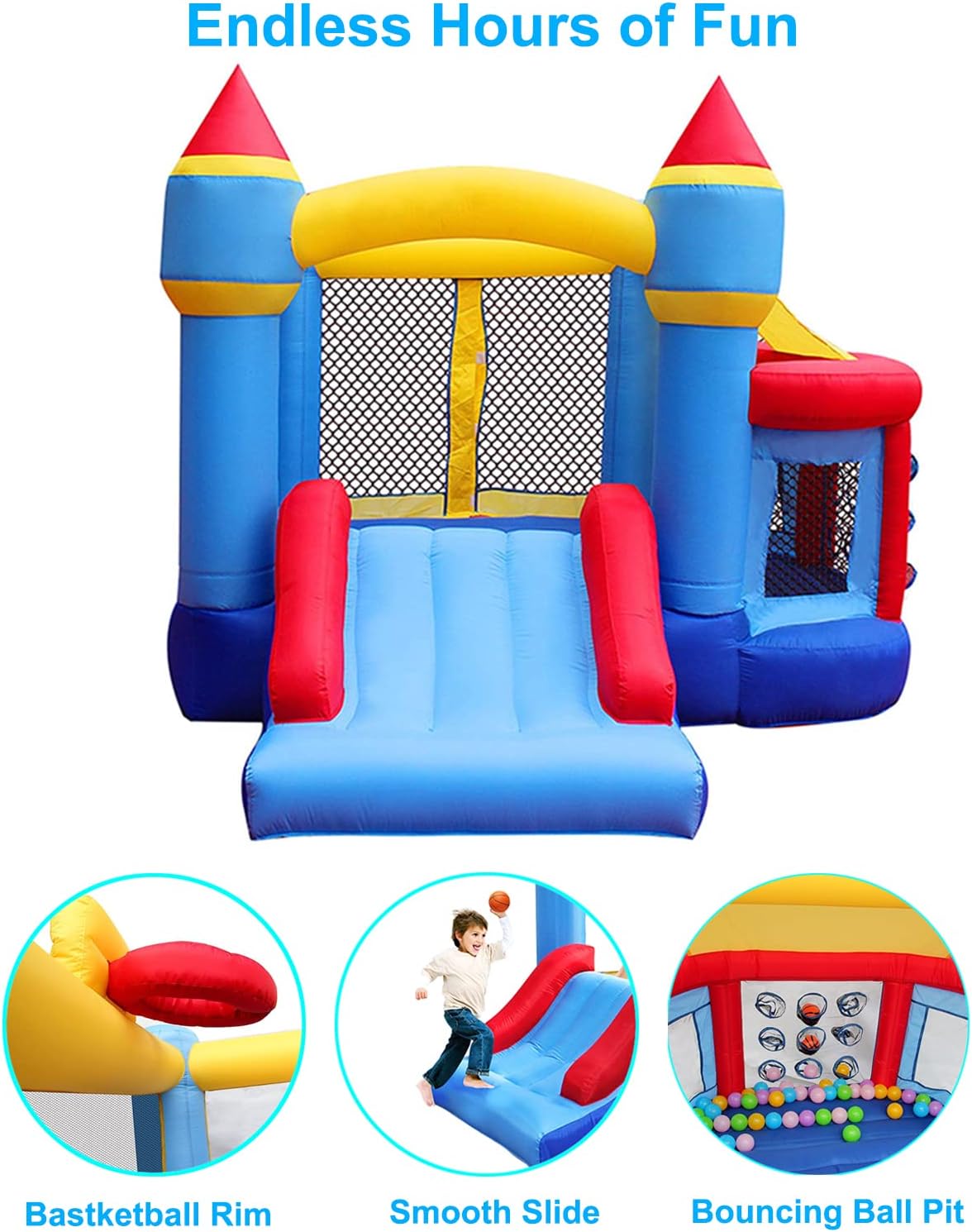 RETRO JUMP Casa inflable para rebotar, casa inflable para niños al aire libre, casa inflable para niños con piscina de pelotas de salto y aro de