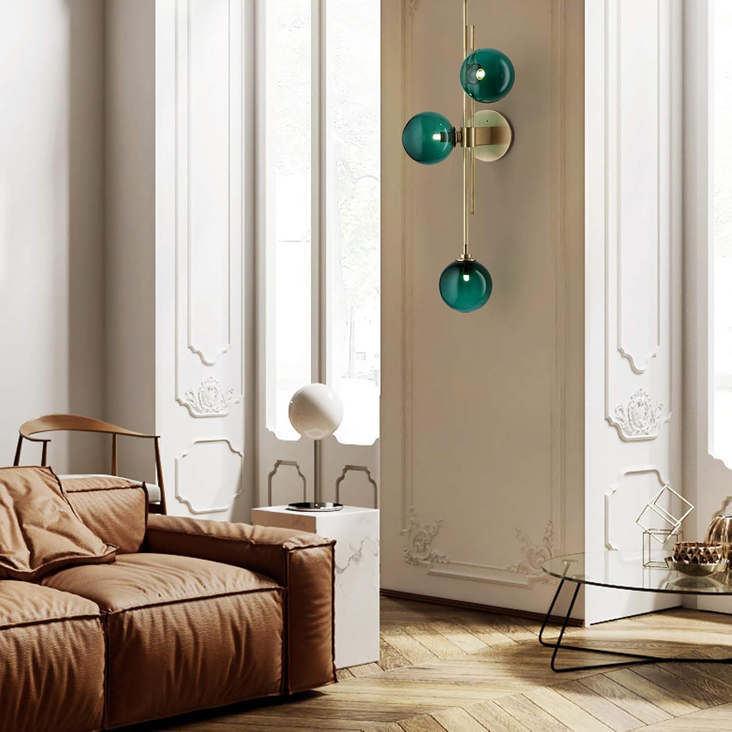 Aplique de pared moderno de mediados de siglo, 3 luces de globo de vidrio, elegante lámpara de pared decorativa de vidrio verde transparente para