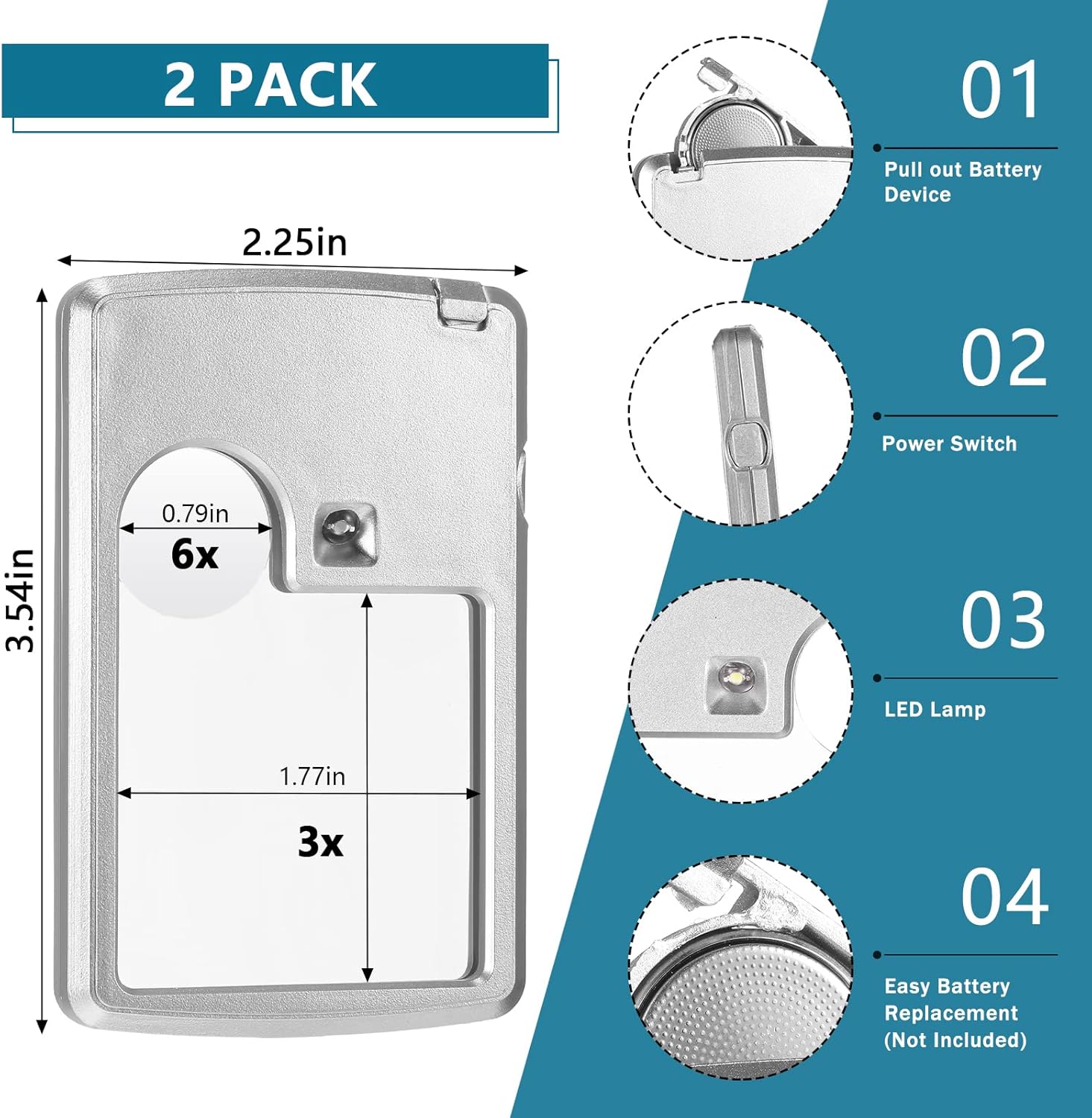 Lupa de bolsillo con luz, 2 piezas de lupa de 3 x y 6 lupas para tarjetas de crédito con mini lupas pequeñas ligeras para lectura, joyas,