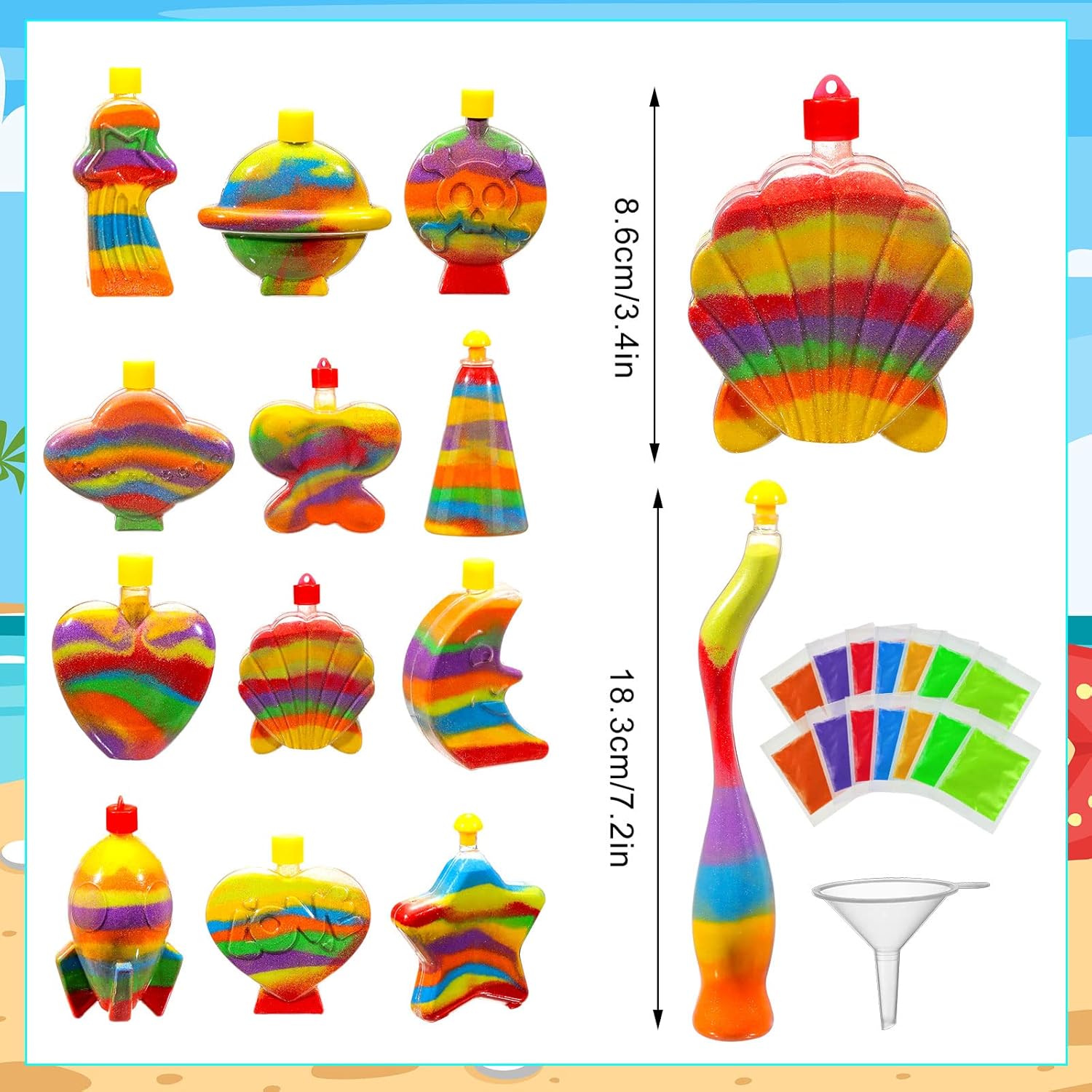 Kits de arte de arena para niños, incluye 182 bolsas de arena de colores, 26 botellas de arte de arena transparente, 26 embudos, crea tus propias