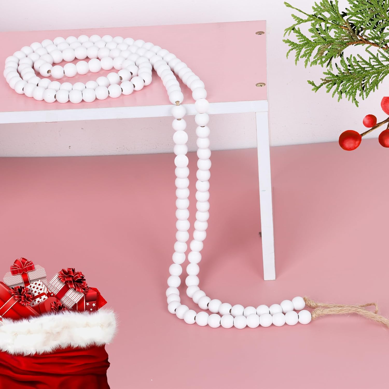 Guirnalda de cuentas de madera de Navidad Guirnalda de cuentas de madera para decoración navideña de árbol de Navidad (blanco)