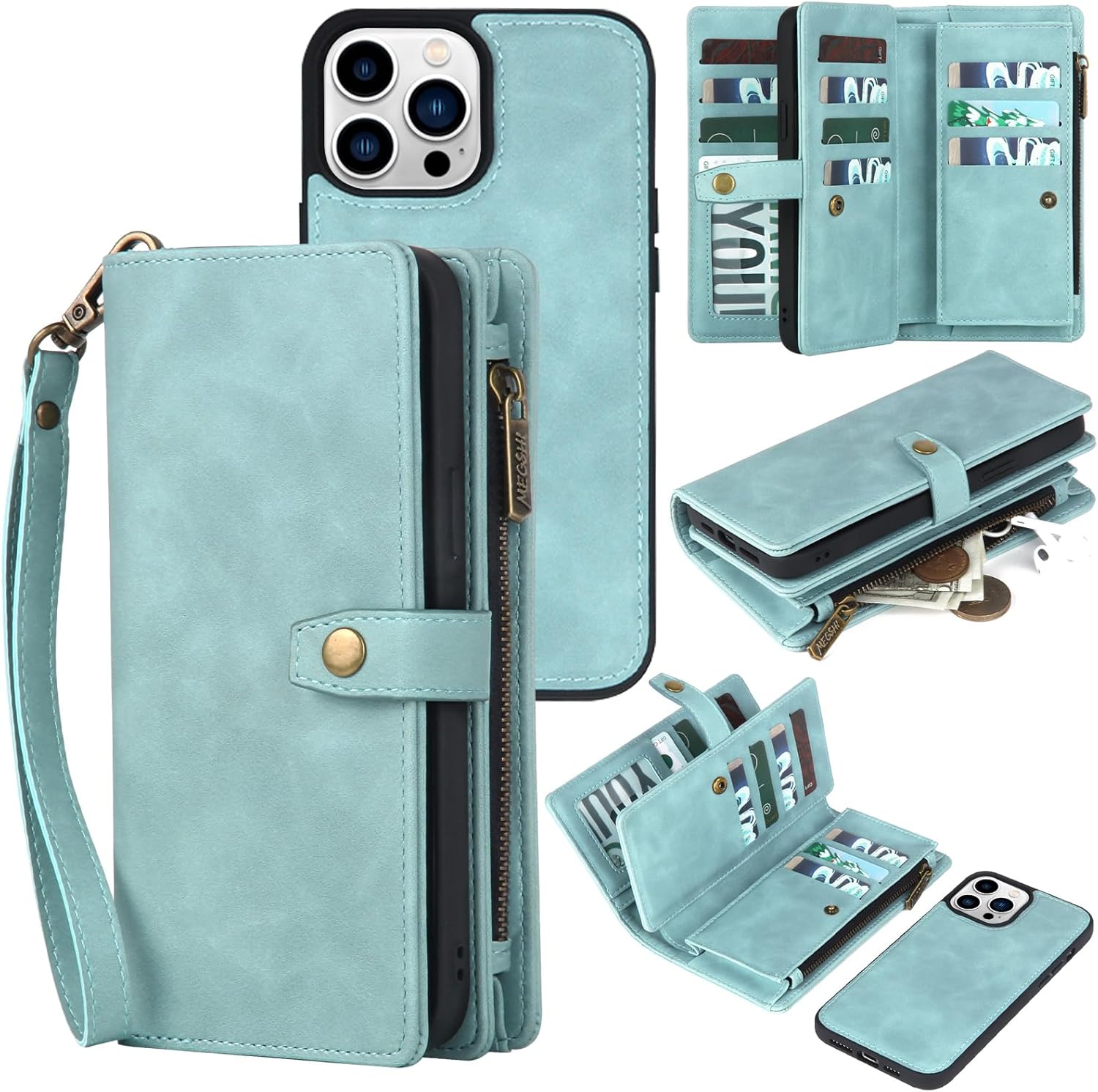 Funda tipo cartera compatible con iPhone 15 Pro, funda magnética desmontable para teléfono, funda protectora de cuero con soporte para tarjetas, 6.1