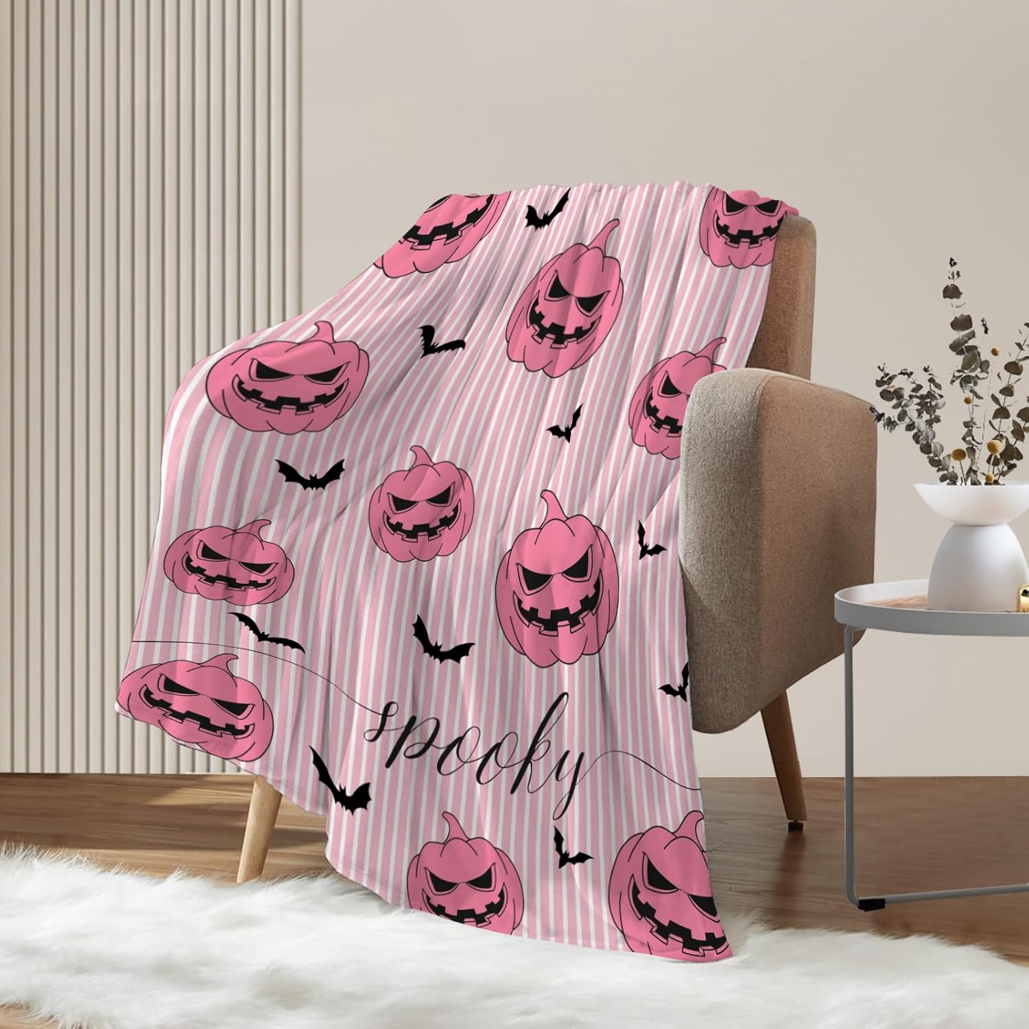 Neatee Living Manta de Halloween con diseño de calabazas espeluznantes, color rosa, bonita, ligera, mullida, acogedora, suave, manta de forro polar