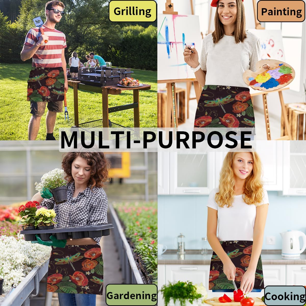 KOBLEN Lotus Dragonfly – Paquete de 3 delantales de servidor con 3 bolsillos, impermeables, delantales de media cintura para mujer, para cocinar,