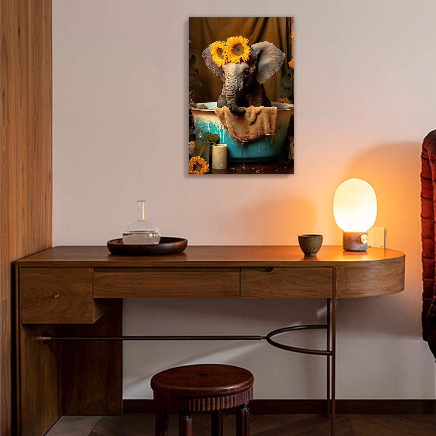 MOSTUNNA Creativity – Lienzo decorativo para baño, diseño de animales, divertido elefante y girasol amarillo en la bañera, decoración de pared,