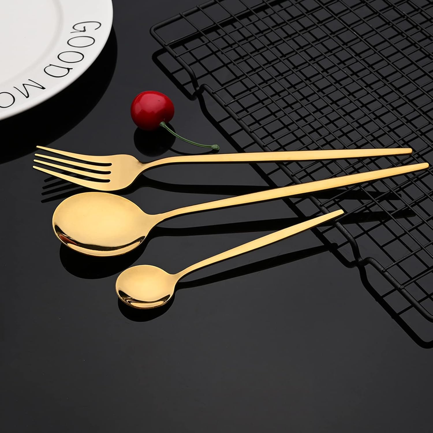 JASHII Juego de cubiertos de 40 piezas, acero inoxidable, para el hogar, cocina, hotel, restaurante, básicos, para 8, pulido con espejo, dorado